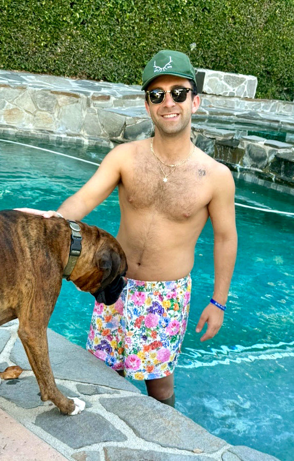 Men's Swim Trunks - Ivory Botanical Print Quick Dry Beach Shorts for Swimming, Surfing & Summer Vacation