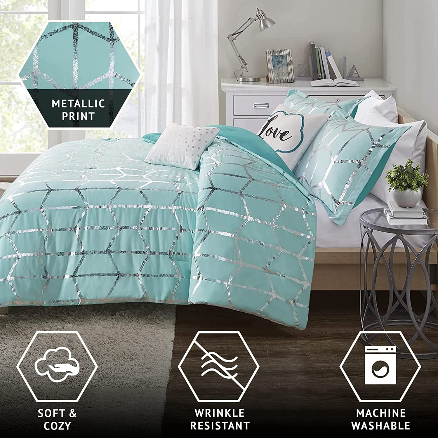 Premium Microfiber King/Cal King Comforter Set - Modern Geometric Metallic Design with 2 Shams & 2 Decorative Pillows - Ultra Soft College Bedding in Aqua Blue - Perfect for Dorm Rooms, Guest Bedrooms & Master Suites
