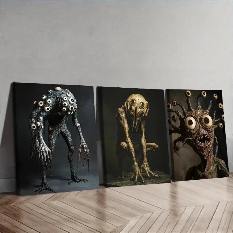 3-Piece Scary Eye Monster Wall Art Set - Framed Canvas 50x70cm - High Quality Print - 100% Australian Made - Ready to Hang - Perfect for Halloween Decor, Horror Theme Rooms & Gothic Home Decor