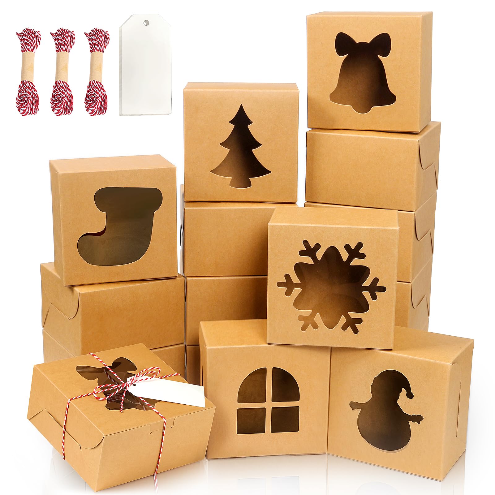 24 PCS 6x6x3 Inch Brown Bakery Boxes with Window - Christmas Cookie Gift Boxes, Small Treat Packaging for Mini Cakes, Pastries, Desserts, Cupcakes, Donuts, Candy & Strawberries - Perfect for Holiday Gifting, Party Favors & Bakery Business