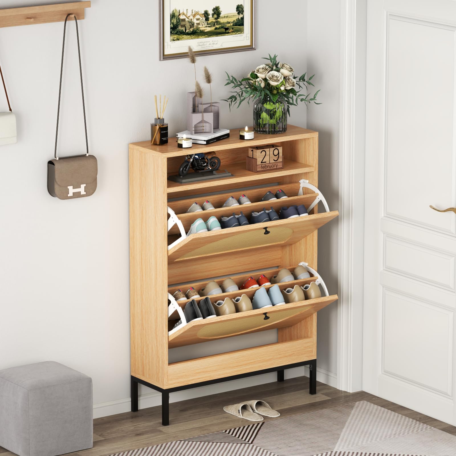 Rattan Shoe Cabinet with 2 Flip Drawers - Slim Shoe Closet Organizer, Hidden Shoe Storage for Entryway, Hallway, Living Room - Perfect for Small Spaces & Apartment Decor
