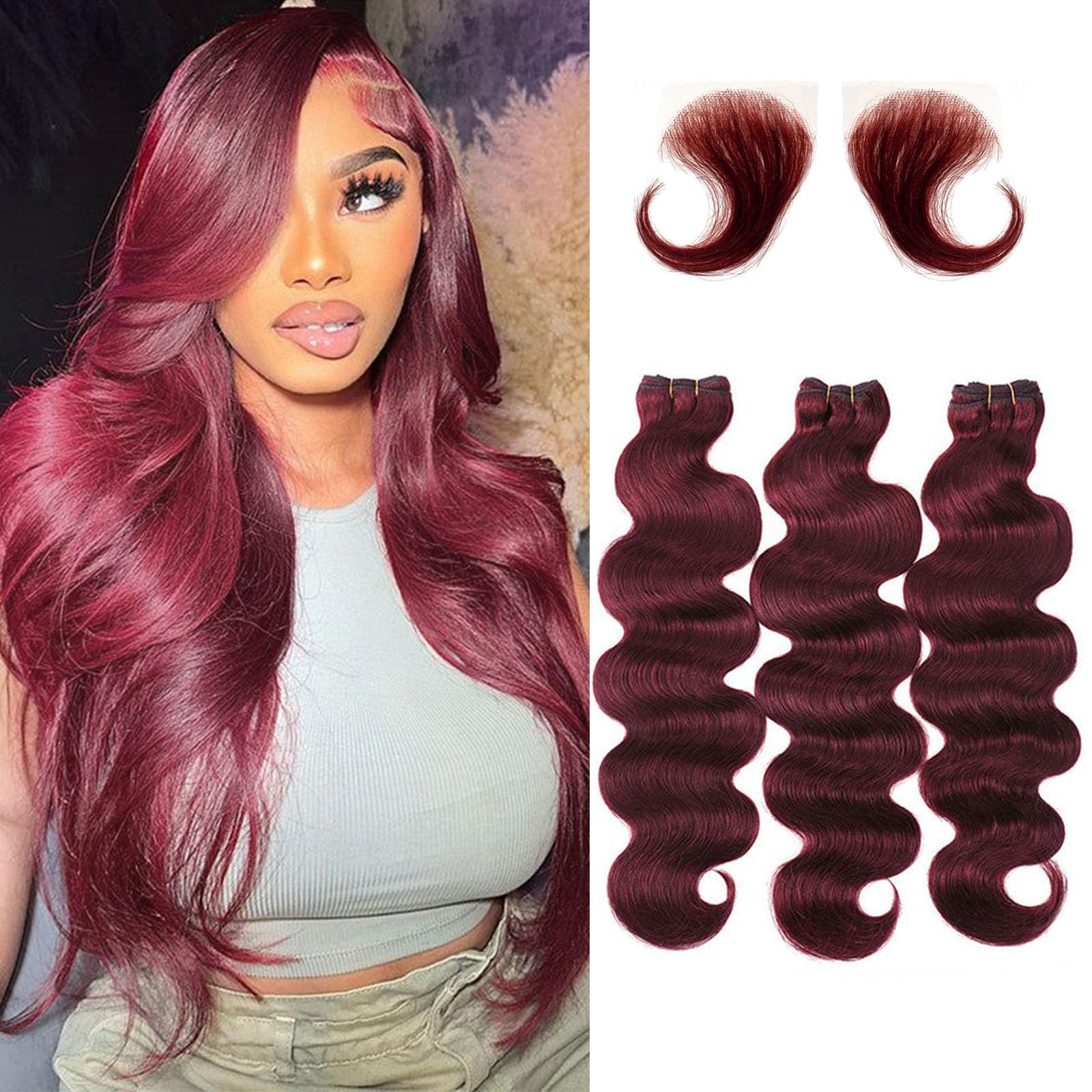 16A 99J Burgundy Body Wave Human Hair Extensions - 22 24 26 Inch Unprocessed Brazilian Virgin Hair Bundles with Baby Hair for Loose Weave | Perfect for Daily Styling, Parties & Special Occasions