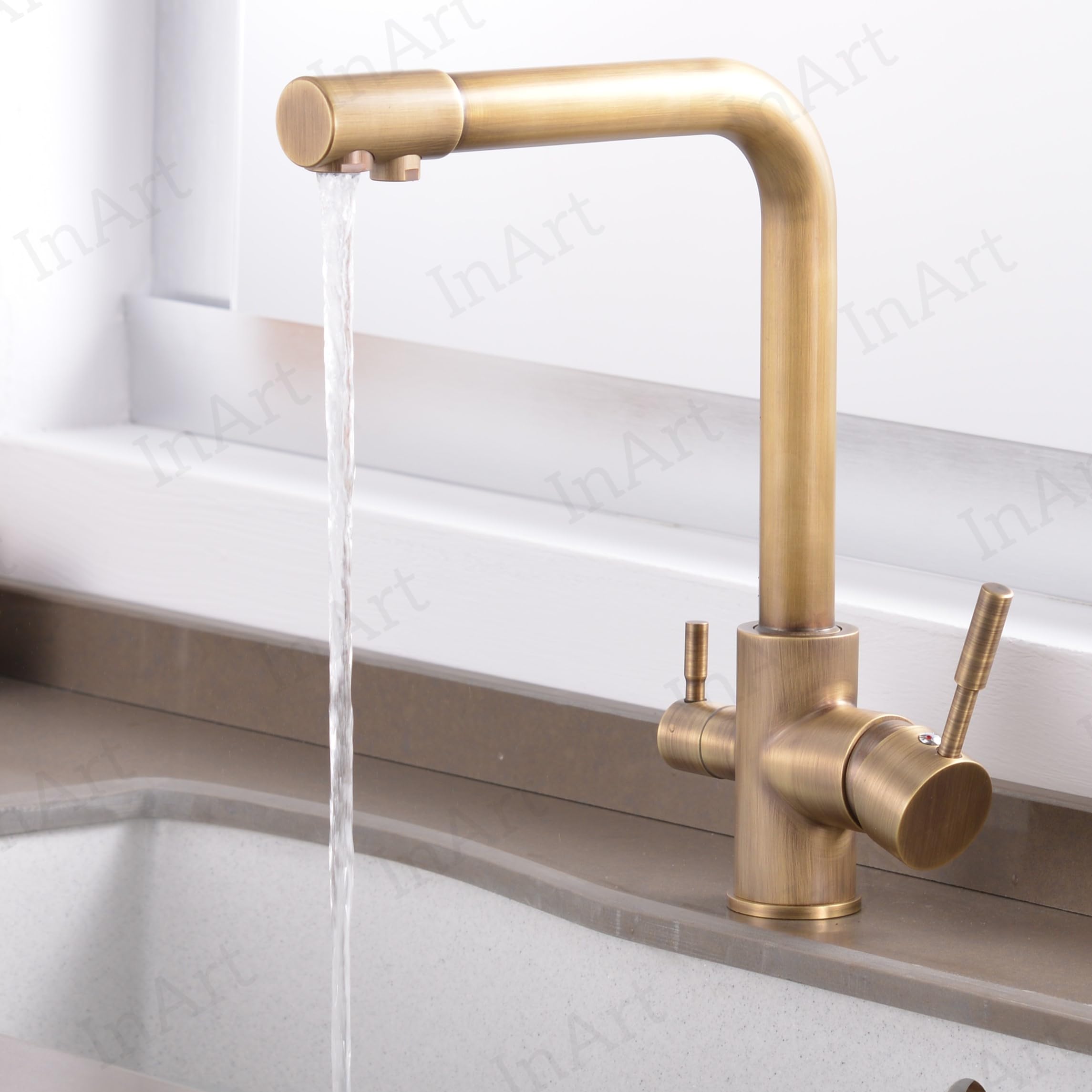 360° Swivel Kitchen Sink Faucet with 3-Way Water Filter - Brass Deck Mounted Dual Lever Faucet for Modern & Vintage Kitchens (Antique Finish) - Perfect for Farmhouse, RV, and Restaurant Use