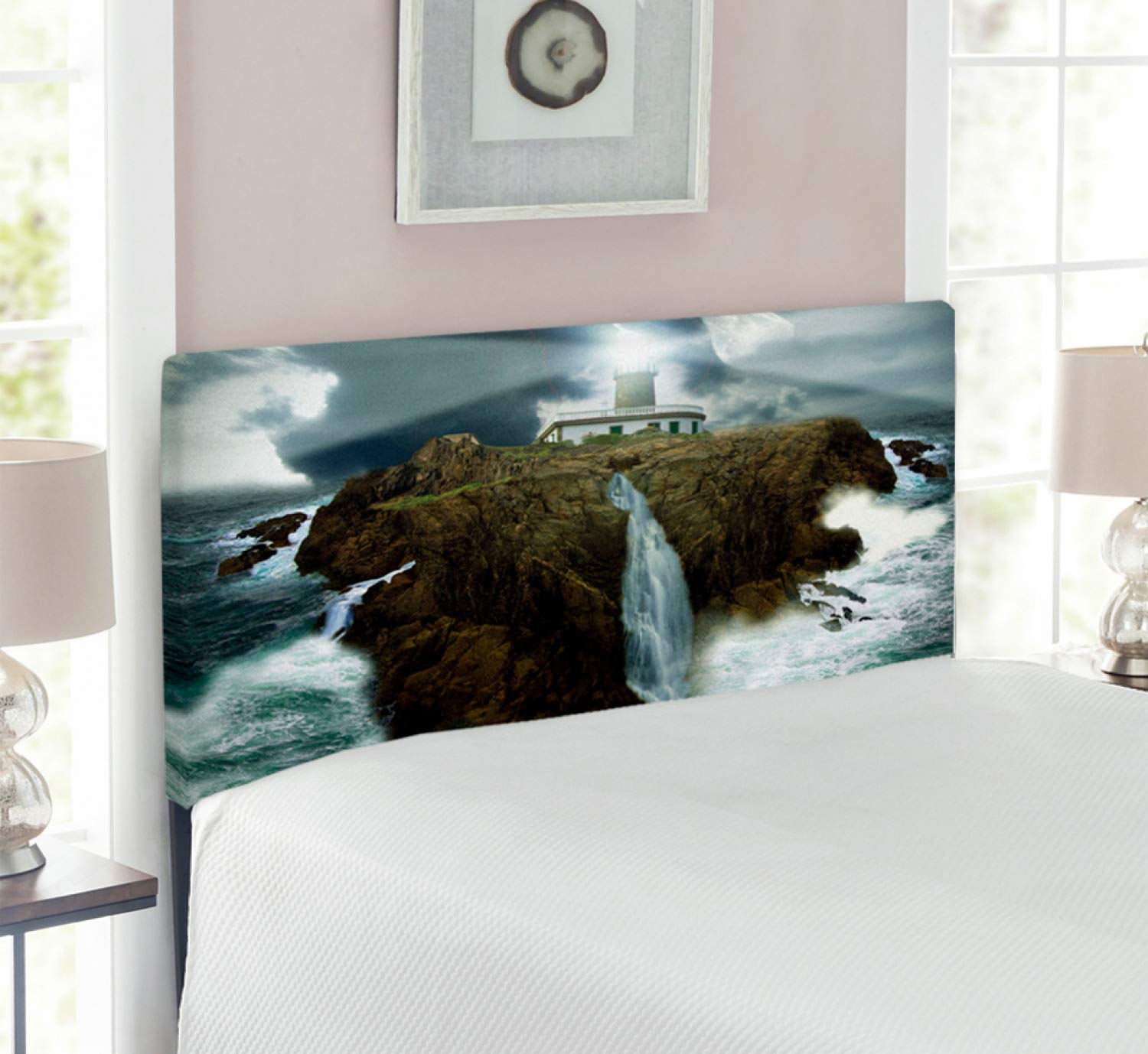Ambesonne Lighthouse Upholstered Headboard - Twin Size, Grey White Brown, Decorative Metal Bed Headboard with Memory Foam, Coastal Theme Featuring Island Rocks, Stormy Sea, Crashing Waves and Full Moon Beams - Perfect for Beach House, Nautical or Coastal Bedroom Decor