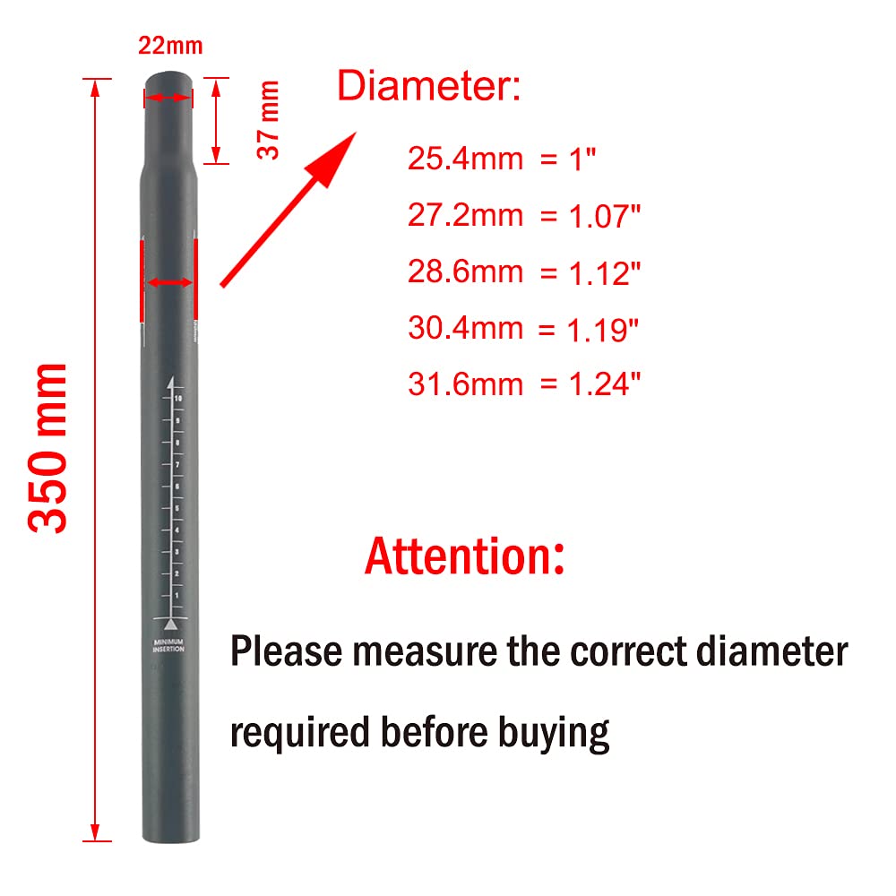 Premium Aluminum Alloy Bike Seat Post 350mm - 25.4/27.2/28.6/30.4/31.6mm Sizes - Universal Fit for BMX, Road & Mountain Bikes - Durable Black Cycling Seatpost for Commuting, Trail Riding & Urban Cycling