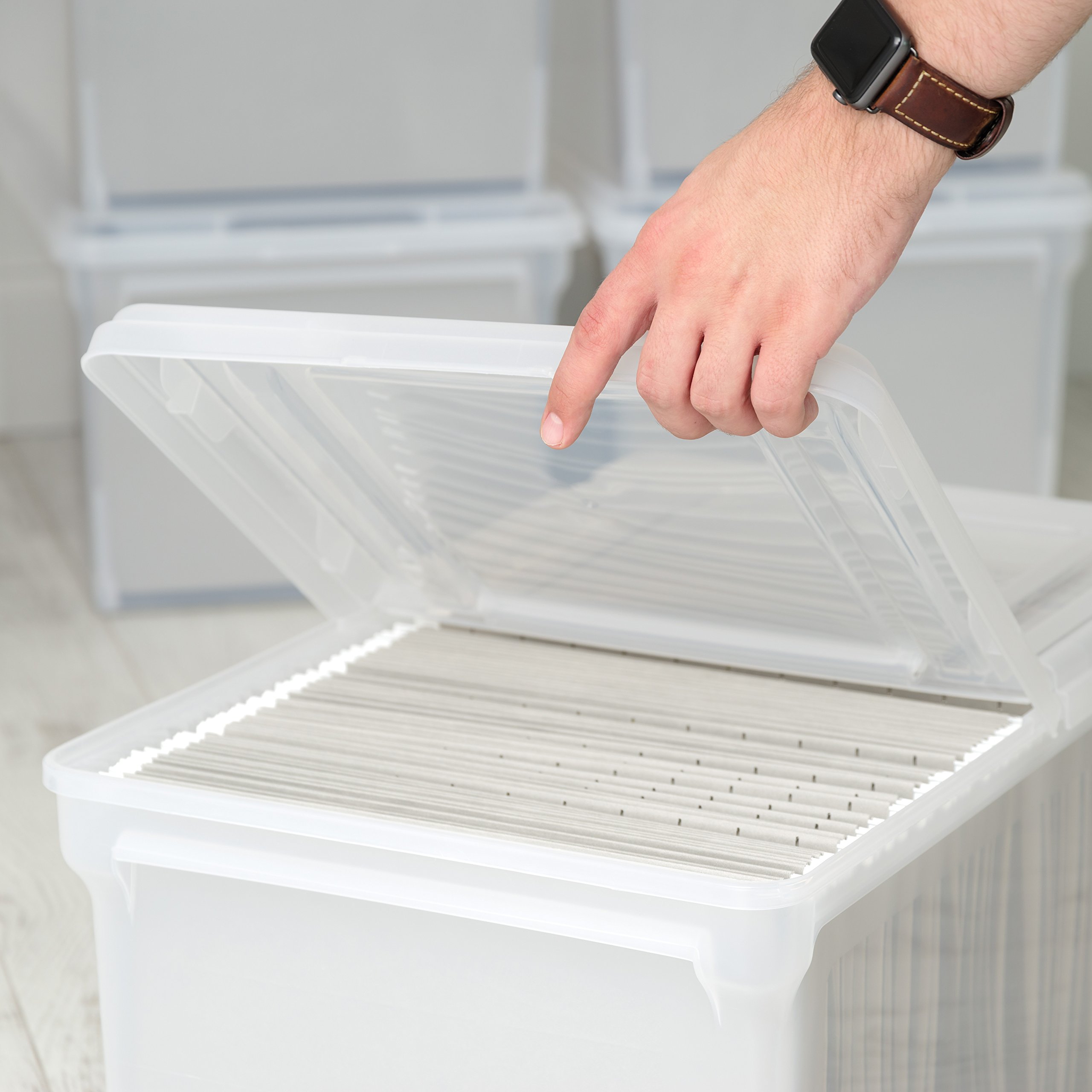 IRIS USA 44 Qt. Plastic File Box Organizer with Hinged Split Latching Lid - Water Resistant, BPA-Free, Stackable & Nestable Storage Bin for Letter/Legal Documents - Pearl White (5-Pack) - Perfect for Office, Home, or School Organization