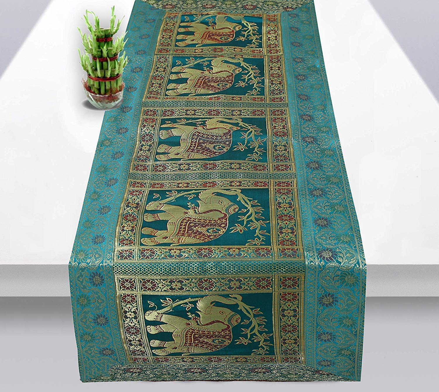 Handmade Indian Elephant Design Table Runner - Traditional Ethnic Decorative Tablecloth for Kitchen, Wedding, Bridal Shower & Birthday Party Decor - 60x16 Inches Green & Gold - Perfect for Festive Celebrations, Home Decor & Dining Table Styling