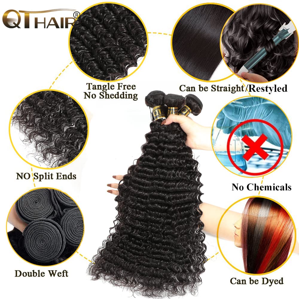 QTHAIR 14A Deep Wave Human Hair Bundles 24 26 28 Inch - 100% Unprocessed Brazilian Virgin Hair, Double Weft Deep Curly Weave (3 Bundles, Natural Color) - Perfect for Protective Styles, Weaves & Natural-Looking Extensions