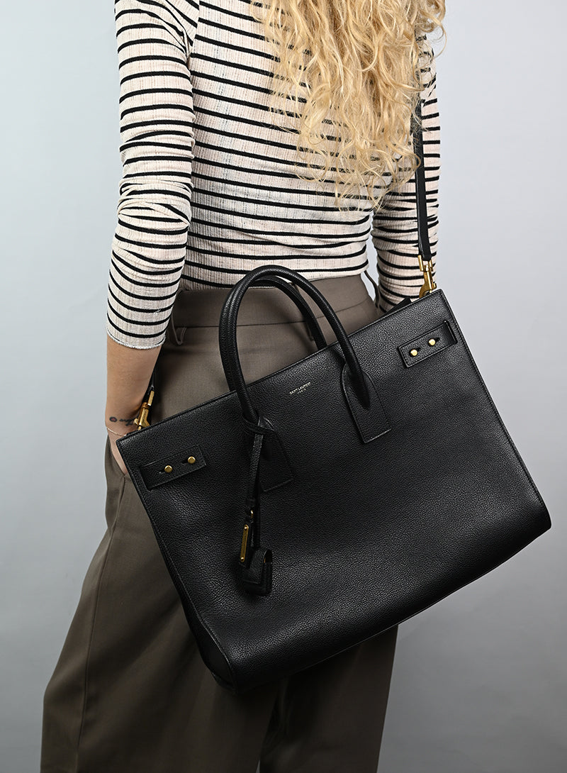 Saint Laurent Sac du Jour Large Black Leather Tote Bag for Women - Luxury Designer Handbag for Work, Travel & Everyday Use