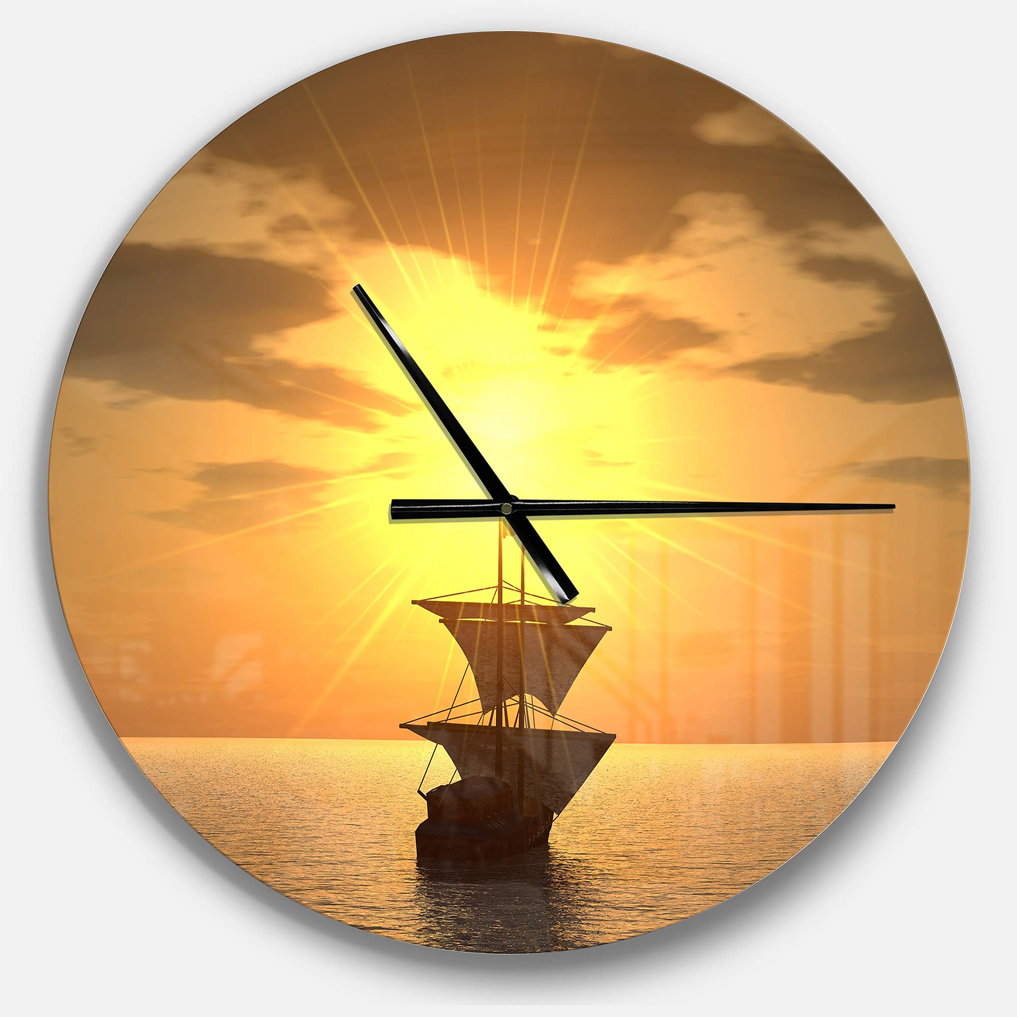 Designart Ship and Sunset Wall Art - Modern Round Metal Wall Clock for Home, Living Room, Bedroom & Office Decor | Contemporary Circle Wall Decoration | Perfect for Coastal, Nautical & Sunset Themed Interiors