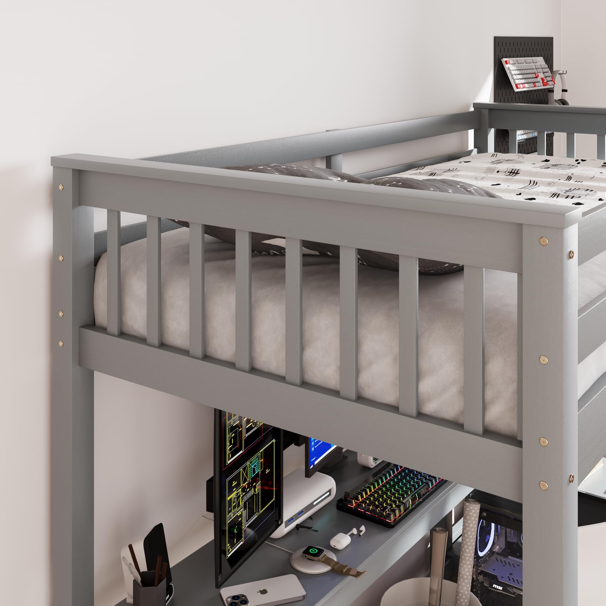 Merax Twin Size Wood Loft Bed with Built-in Desk & 4 Storage Shelves - Solid Wood Study Bed for Small Spaces - Perfect for Kids Rooms, Dormitories & Studio Apartments (Grey)