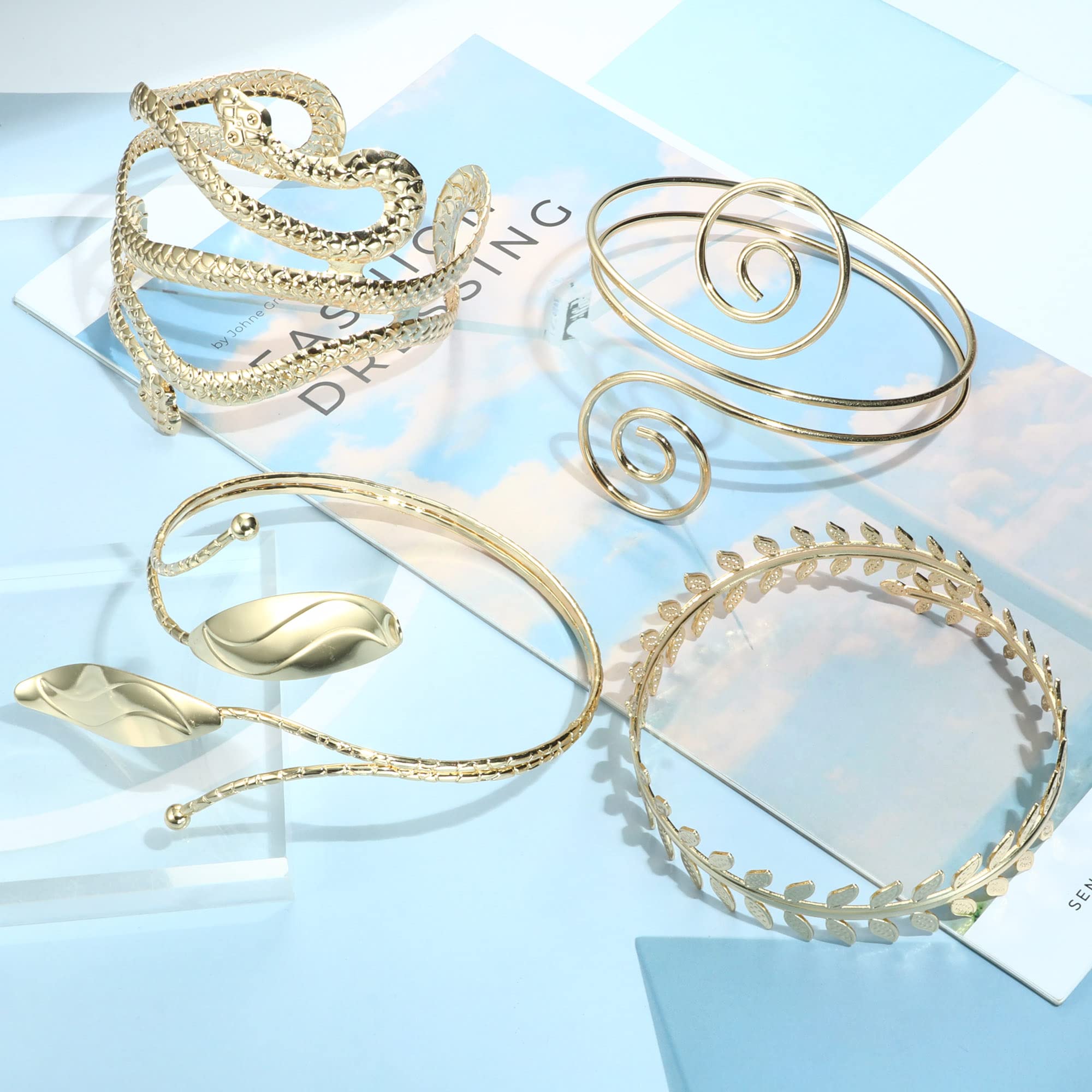 LOLIAS 4-Piece Adjustable Gold Boho Arm Cuff Bracelets for Women - Smooth Open Bangle Set, Minimalist Coil Armbands for Wrist & Upper Arm - Perfect for Festivals, Parties & Boho Chic Outfits