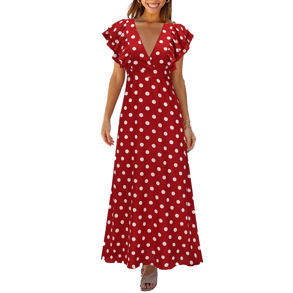 Women's Flowy Maxi Dress with Polka Dots - Short Ruffle Sleeves & Deep V Neck - High Waist Summer Long Dress for Beach, Vacation, and Casual Outings