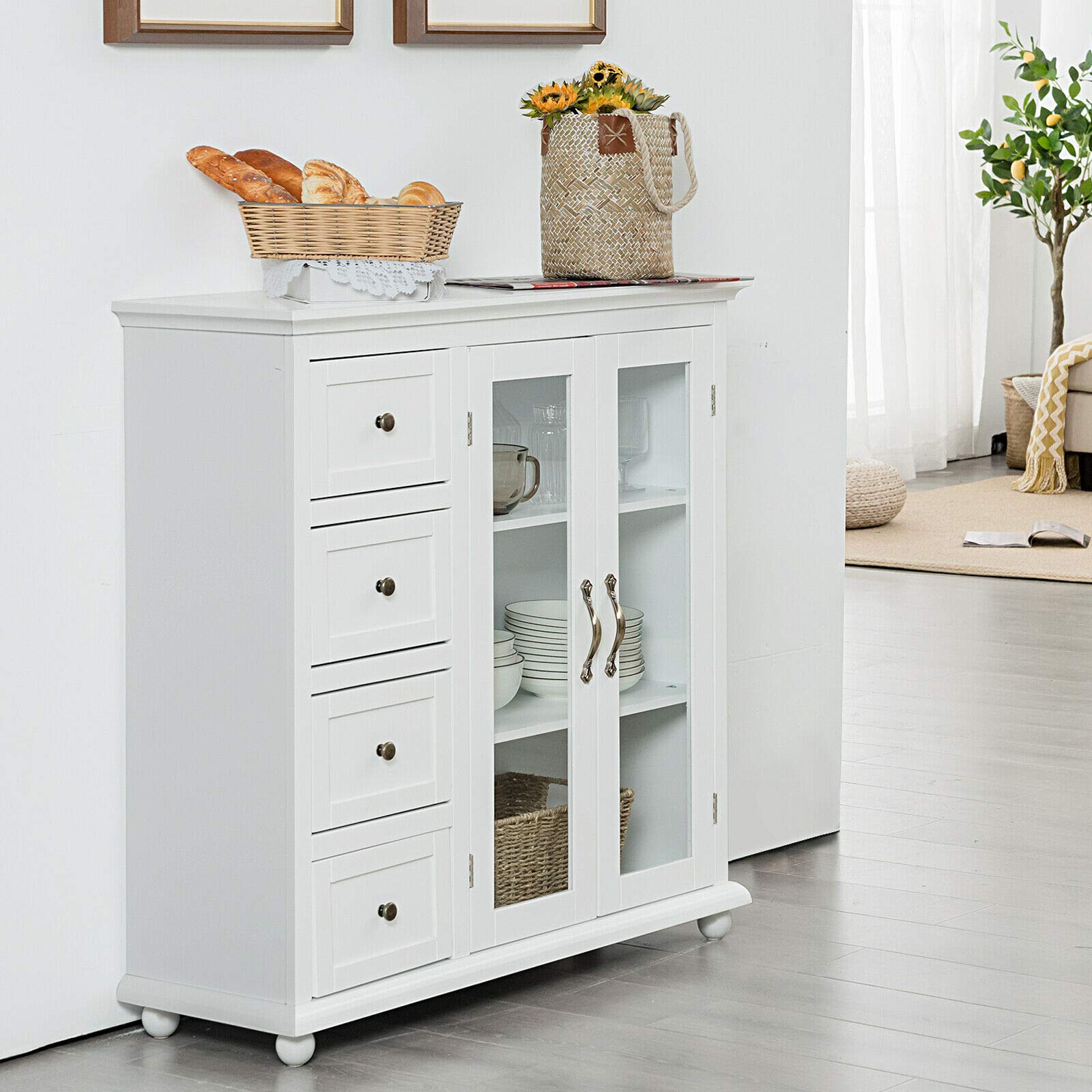 Modern Elegant Buffet Sideboard Table - White Wood Cabinet with 4 Drawers & 3-Tier Storage - Durable Sturdy Construction - Perfect for Dining Room, Living Room, or Entryway Storage Solution