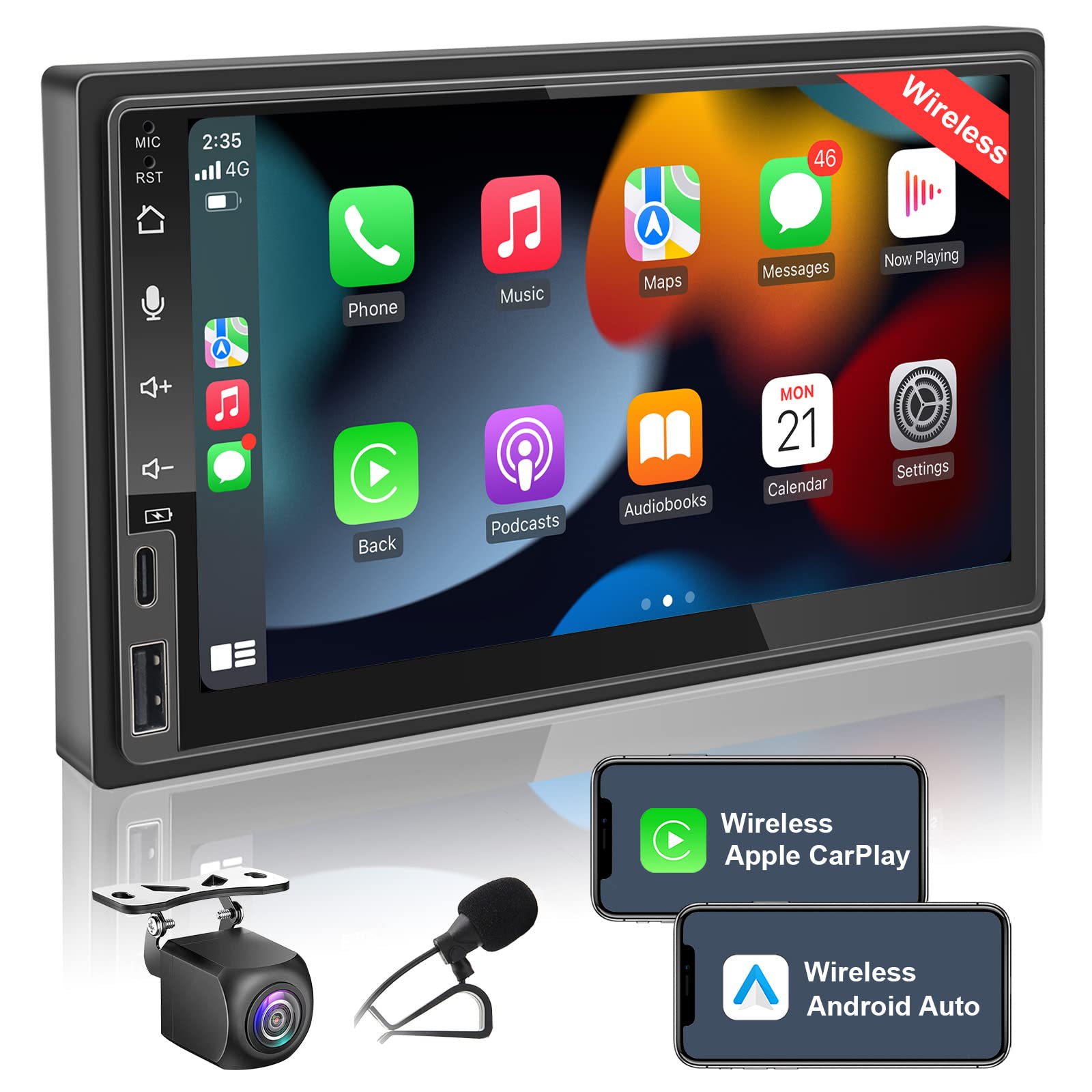 7 Inch Double Din Touchscreen Car Stereo with Wireless CarPlay & Android Auto, Bluetooth, Rearview Camera, Fast Charging - Perfect for Seamless Connectivity & Entertainment in Your Car