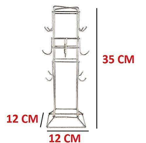 TechSrmaji 12-Cup Stainless Steel Holder - Kitchen & Dining Mug Stand with 12 Hooks for Coffee, Tea Cups - Rectangular Silver (Pack of 1) | Perfect for Restaurants, Cafes, and Home Organization