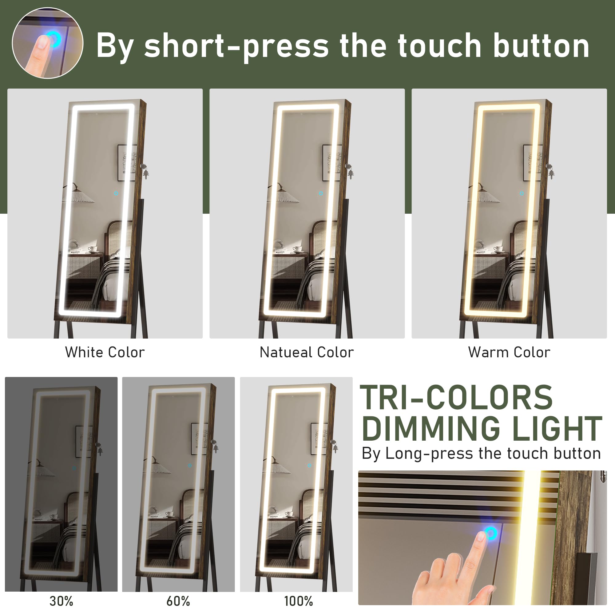 Full-Length LED Standing Mirror with Jewelry Storage - Smart Touch Control, 6 Color Lighting, Lockable Cabinet & Removable Wheels - Perfect for Bedroom, Dressing Room & Vanity Organization