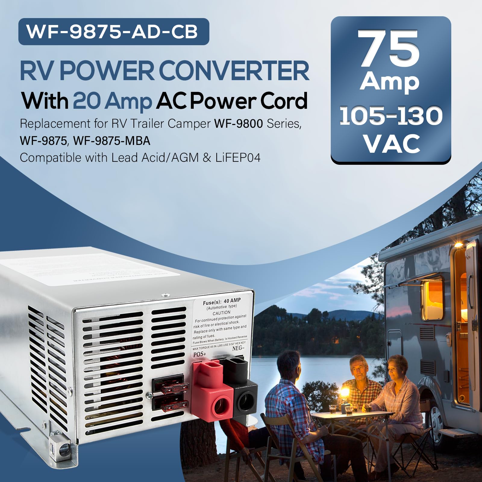 WF-9875 75 Amp RV Power Converter Charger - Replacement for WF-9800 Series (WF-9875-AD-CB, WF-9875-MBA) - Deck Mount Power Supply for RV Trailers & Campers - Perfect for Off-Grid Living & Boondocking