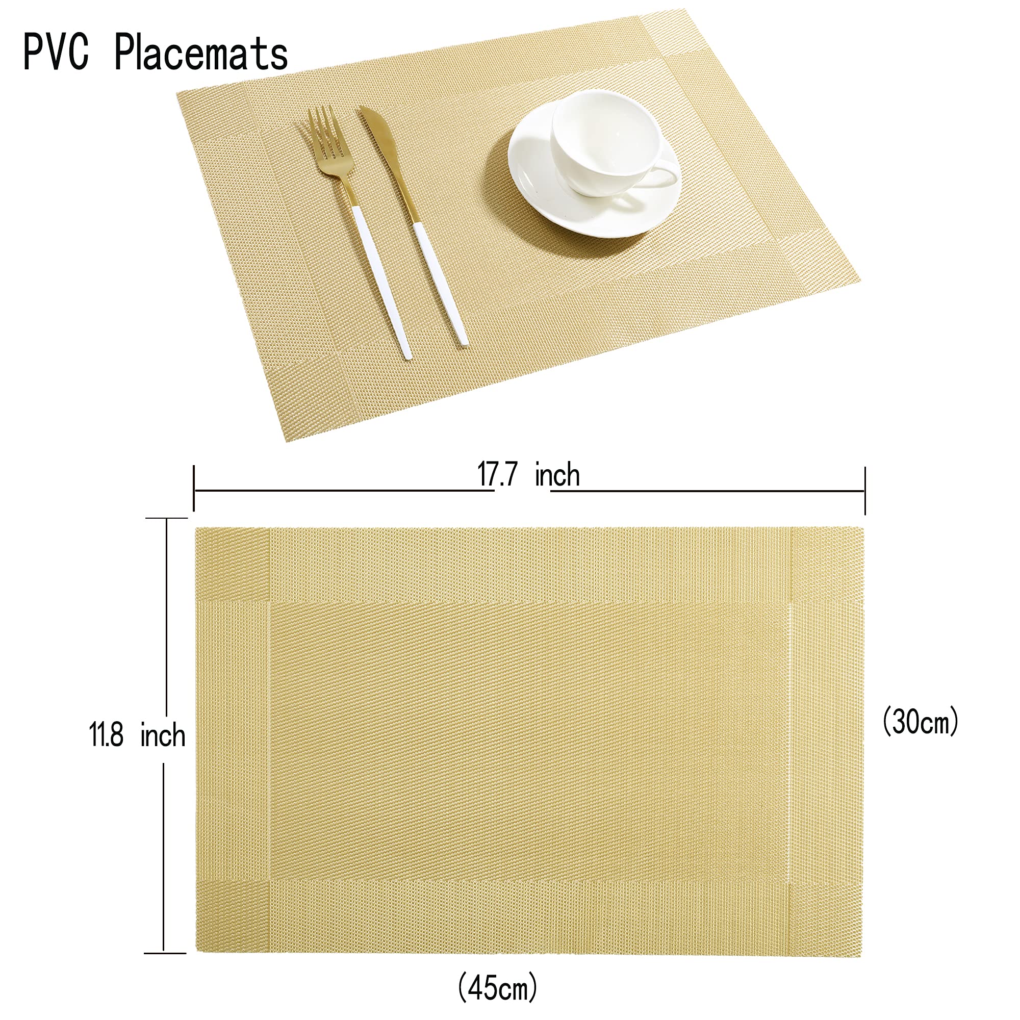 Jeloris Set of 6 Non-Slip PVC Heat Resistant Woven Placemats - Gold Table Mats for Dining, Kitchen & Party - Easy to Clean & Washable Placemat Set for Everyday Use