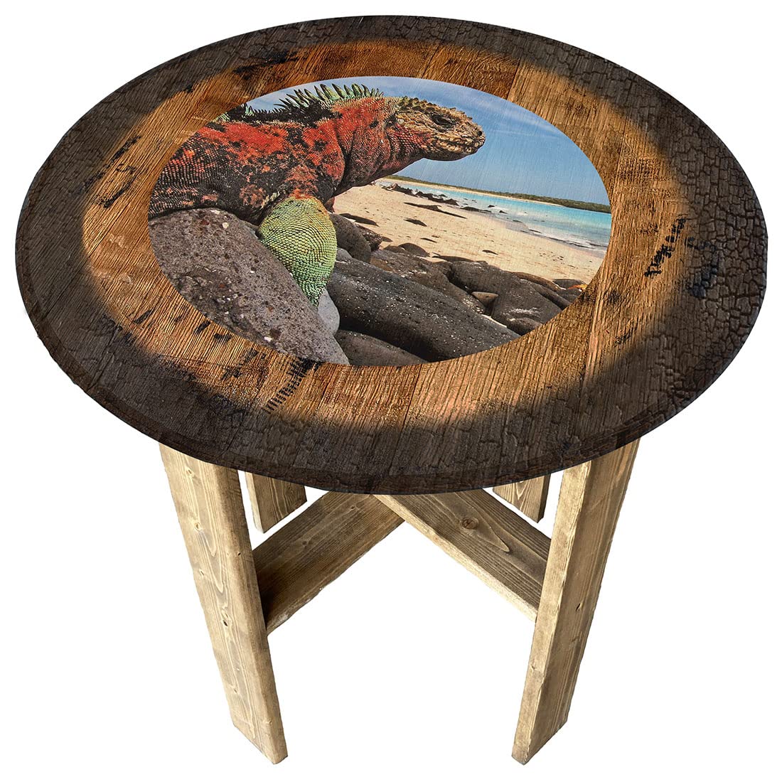 Rustic Whiskey Barrel End Table - Farmhouse Pub Decor with Iguana Design, Perfect for Living Room, Patio, or Man Cave