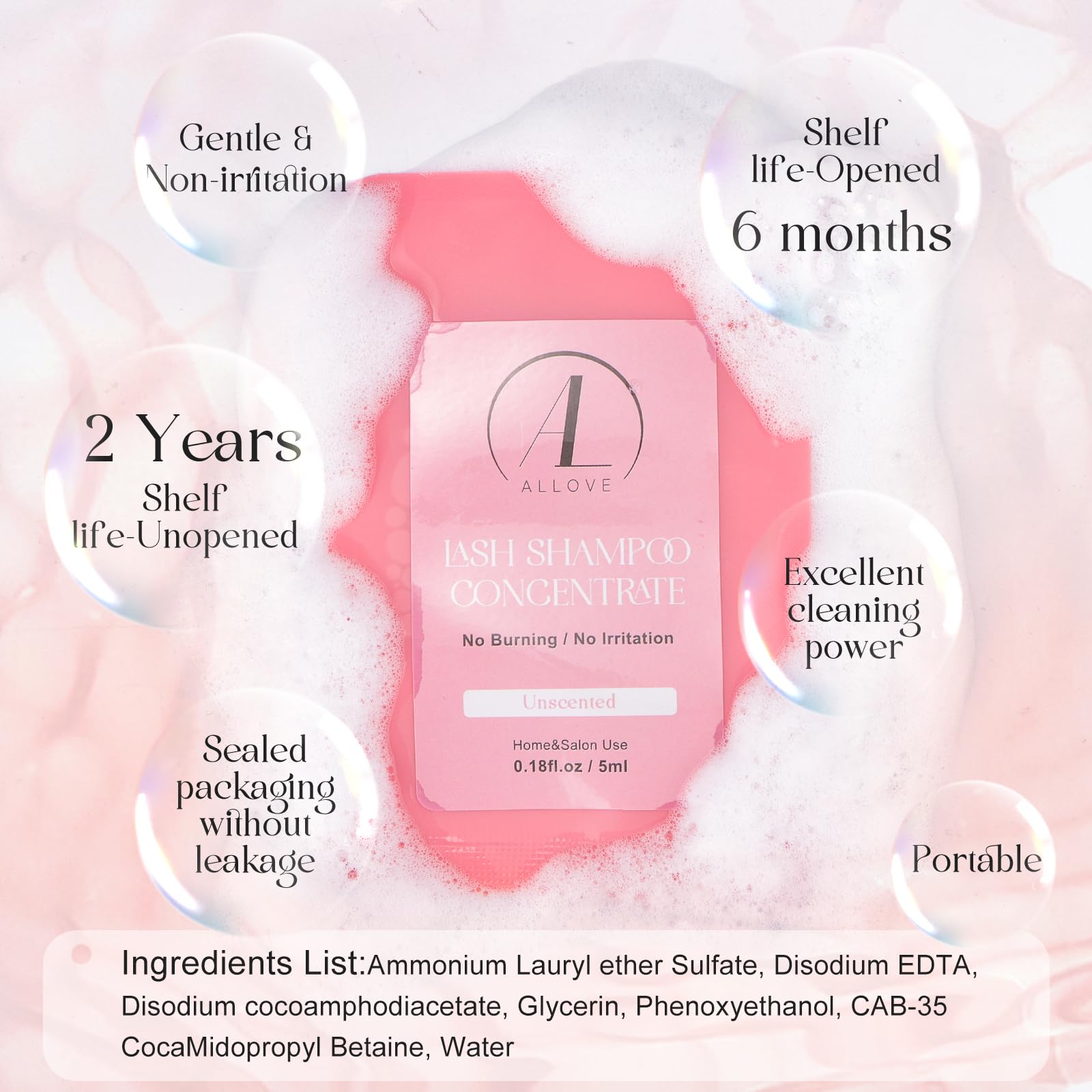 ALLOVE Lash Shampoo Concentrate 5ml x 10 Pack - Gentle Eyelash Extension Cleanser for Sensitive Eyes, Aloe-Infused, Non-Irritating Formula for Salon & Home Use - Perfect for Daily Lash Care & Extension Maintenance