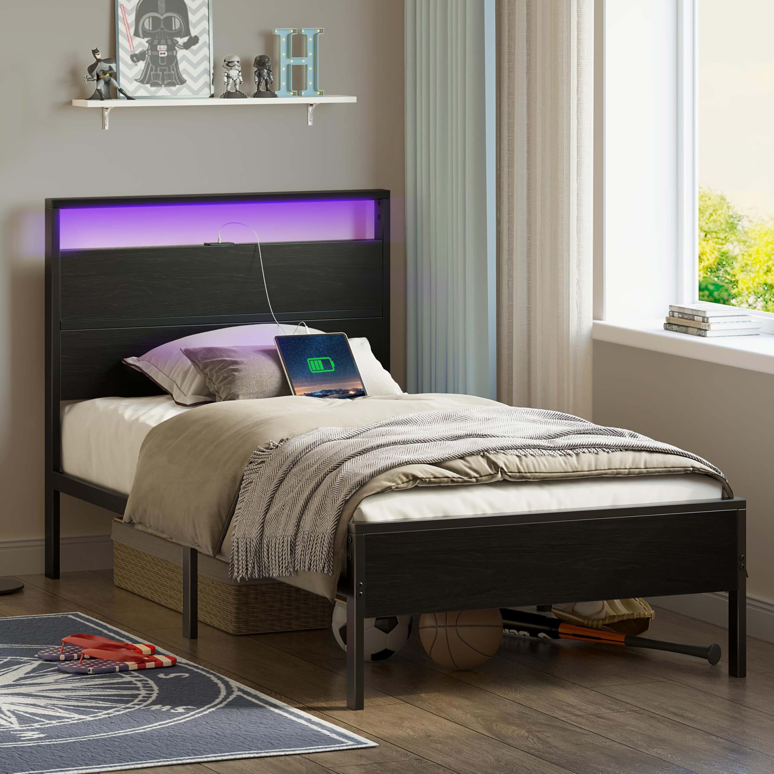 Rolanstar Twin Metal Platform Bed Frame with LED Headboard & USB Charging Station - Sturdy Steel Slats, 10.2