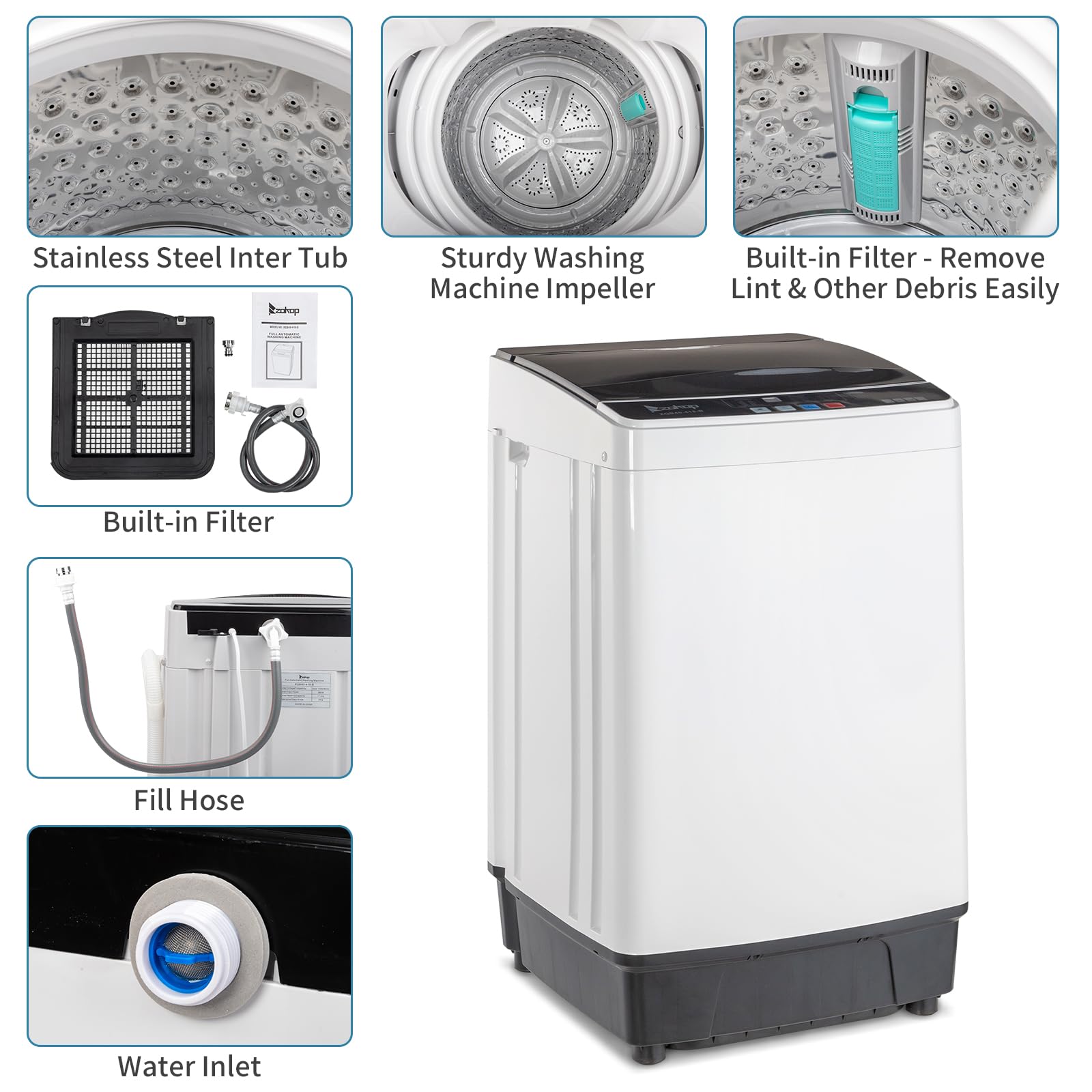 ROVSUN 17.6lbs Full Automatic Portable Washing Machine with Drain Pump - 2 in 1 Compact Washer Dryer Combo, Top Load Laundry for Apartments, Dorms, RVs & Small Spaces - Perfect for Tiny Homes, Camping & Travel Use