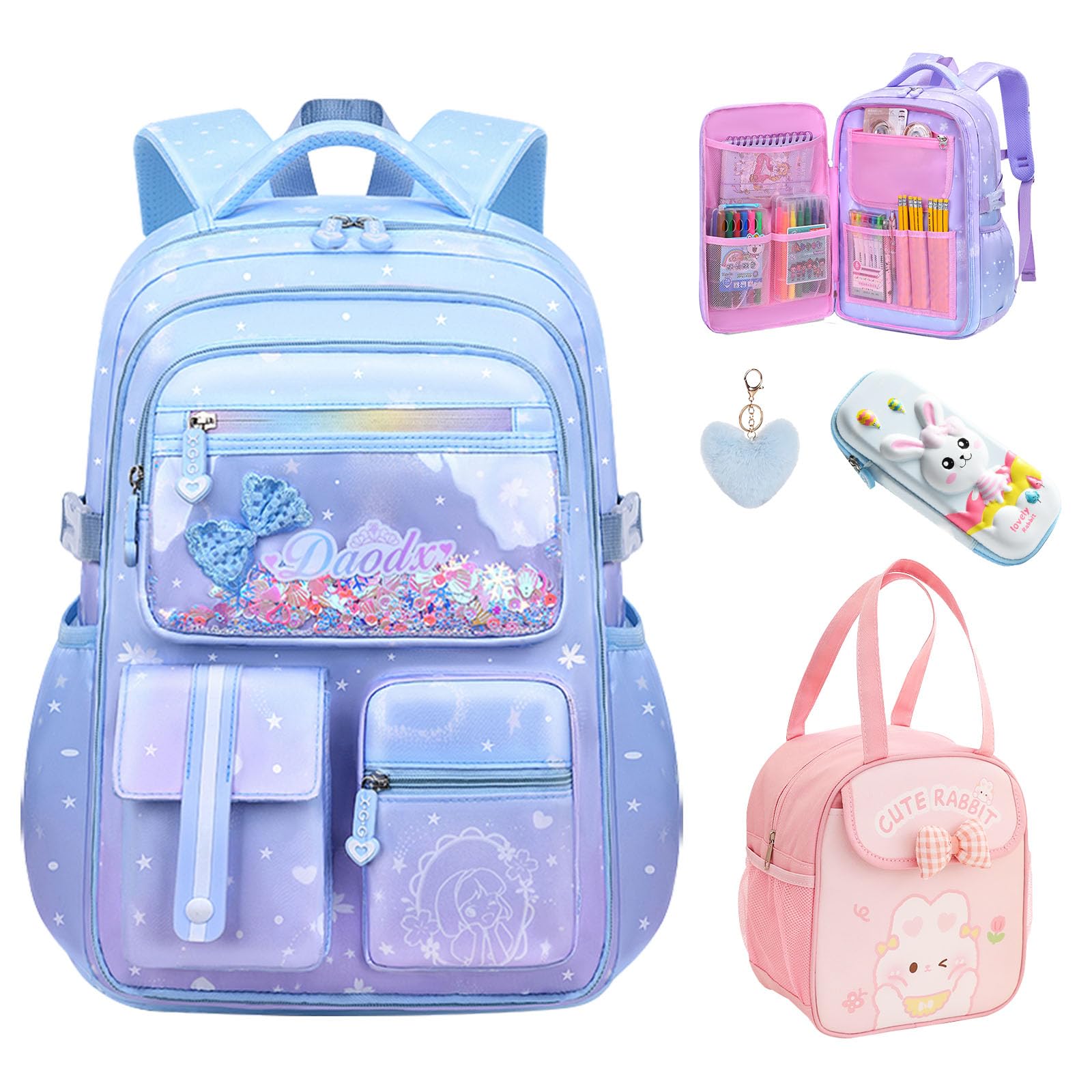 5PCS Kids Backpack Set - Cute School Backpack for Girls & Teens, Kawaii Laptop Bag with Multiple Pockets, Large Capacity 16.5 Inch Double Shoulder Backpack for Elementary School (Blue) - Perfect for School, Travel, and Daily Use