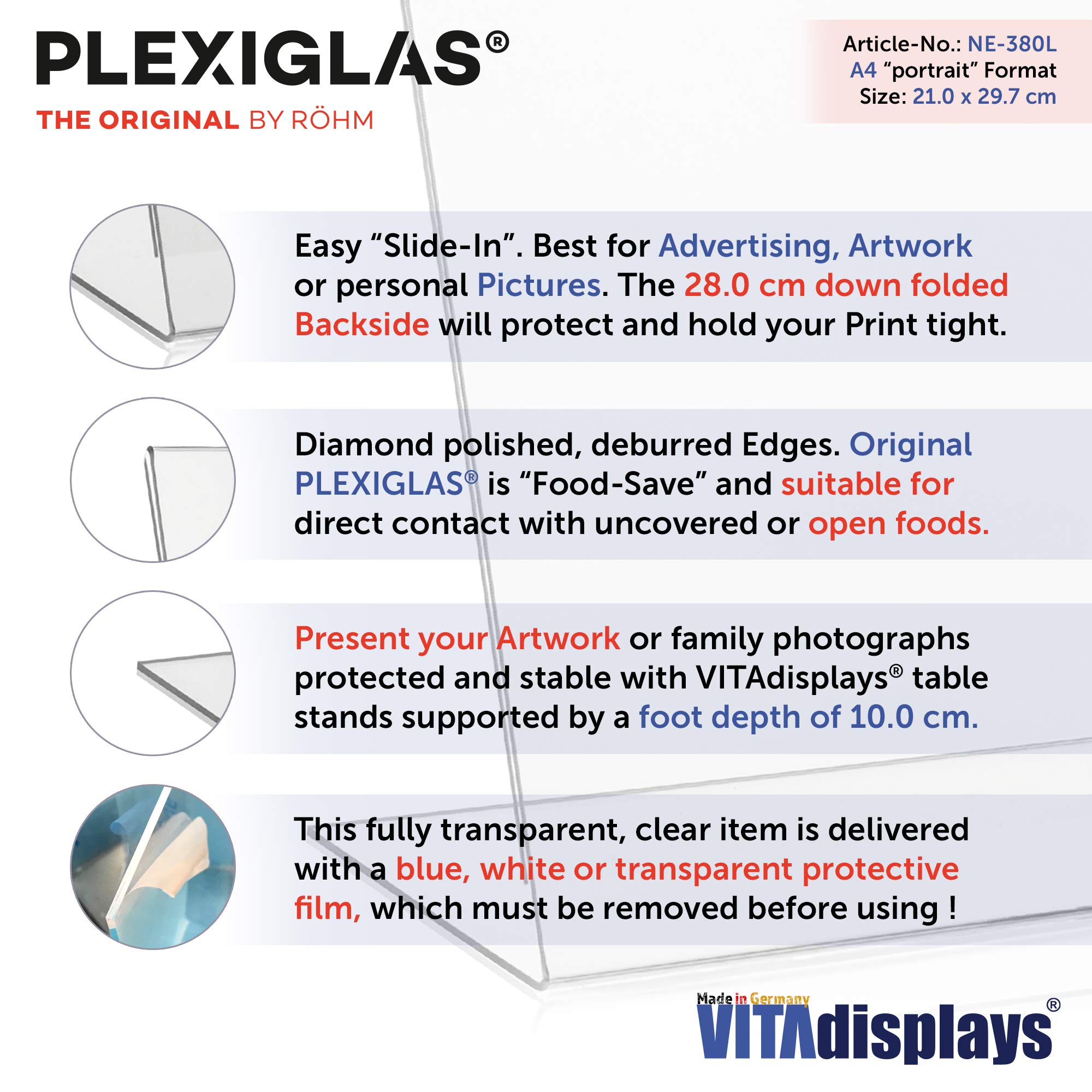 10-Piece DIN A4 Acrylic Table Stands - Clear L-Shaped Display Holders for Menus, Signage & Advertising (Portrait Format) - Perfect for Restaurants, Retail Stores & Events