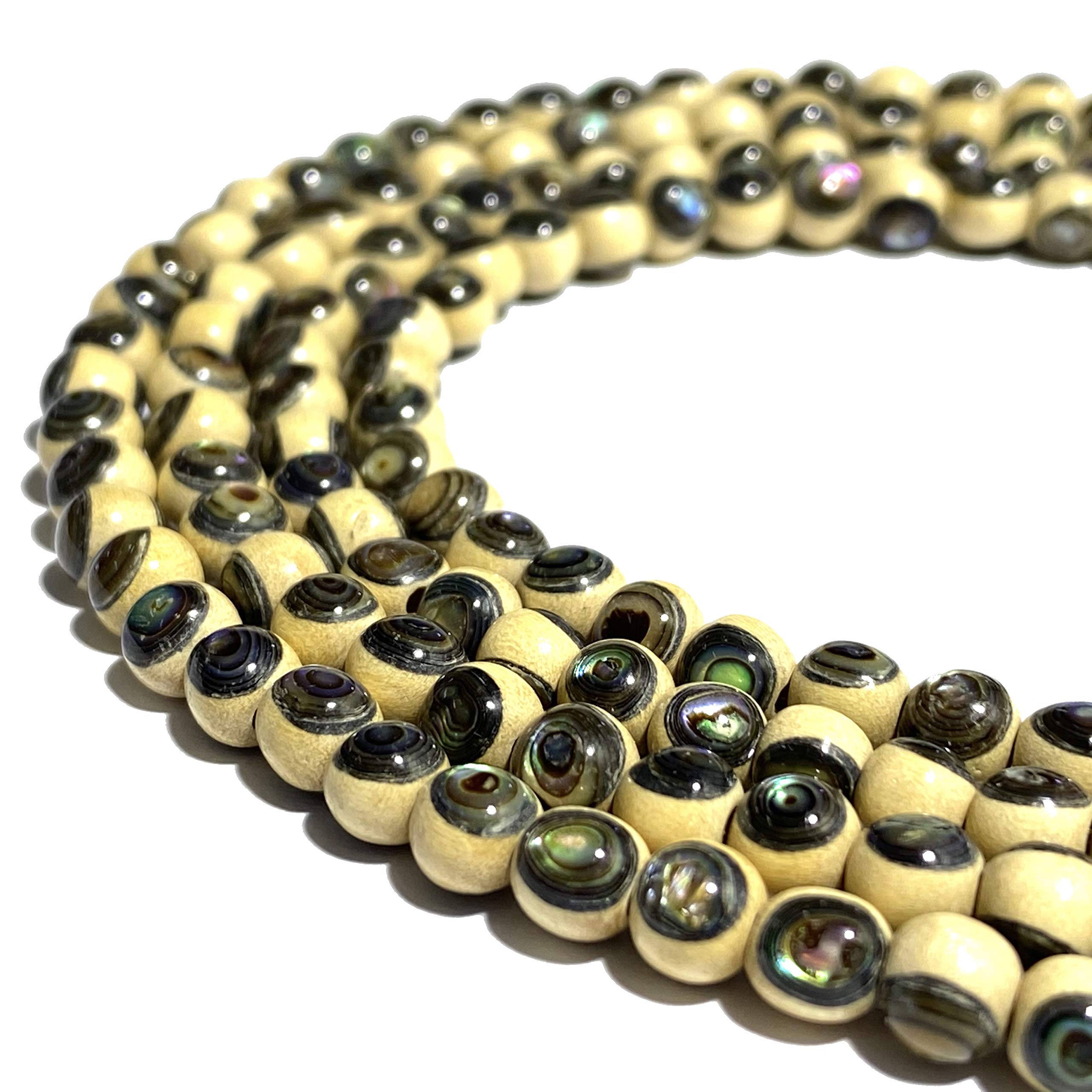 ABCGEMS Wild Mamalis Whitewood Wood Beads with New Zealand Abalone Shell Inlay - 8mm Round Natural Organic DIY Jewelry Making Beads for Men & Women - Healing Energy Bracelet & Necklace Craft Supplies (8 Inches, +/-1mm) - Perfect for Boho, Spiritual & Handmade Jewelry Designs