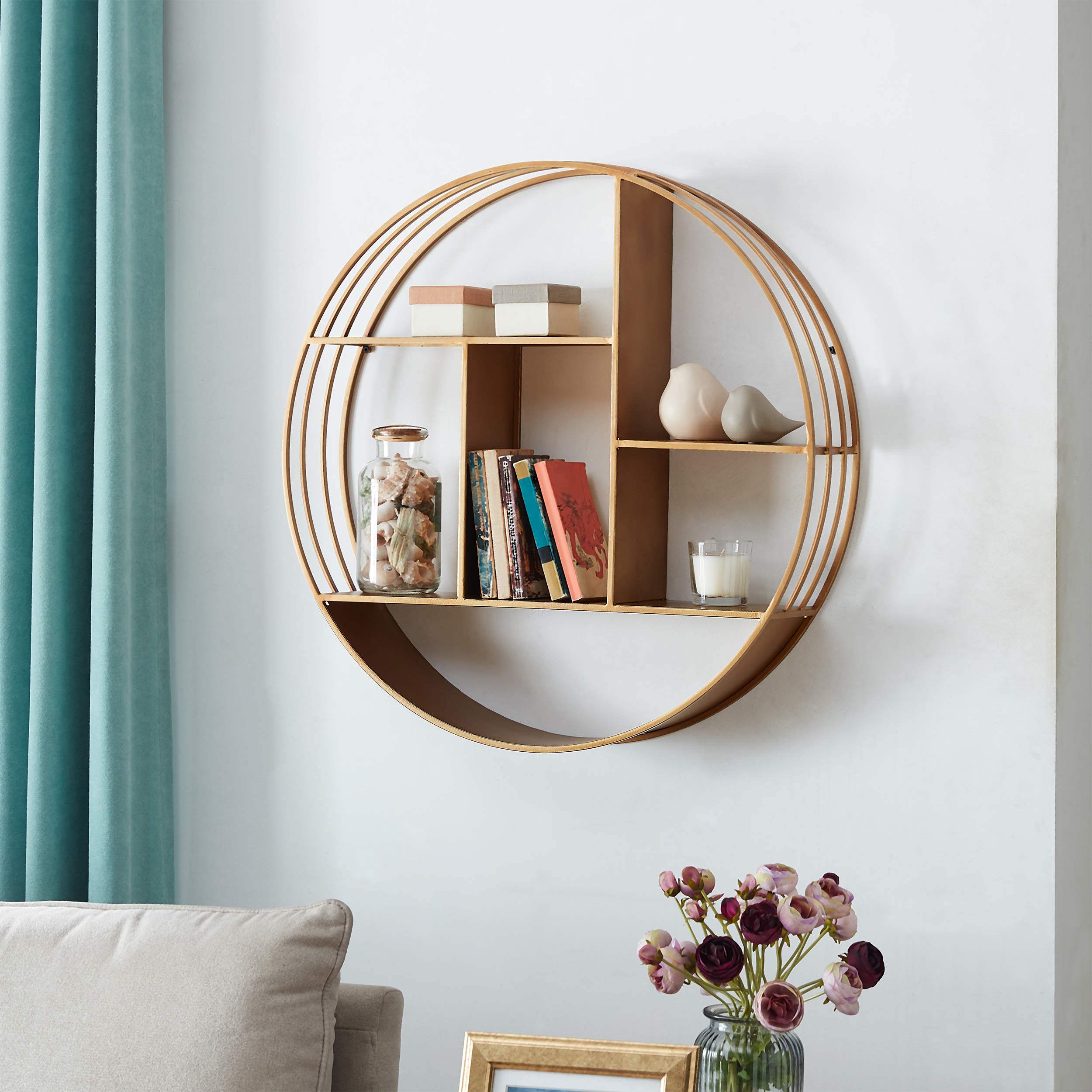 FirsTime & Co. 3-Tier Round Gold Wall Shelf - Industrial Metal Floating Shelf for Bathroom, Bedroom & Living Room Decor - 27.5 Inch Wall Mounted Storage | Perfect for Small Spaces, Home Organization & Stylish Display