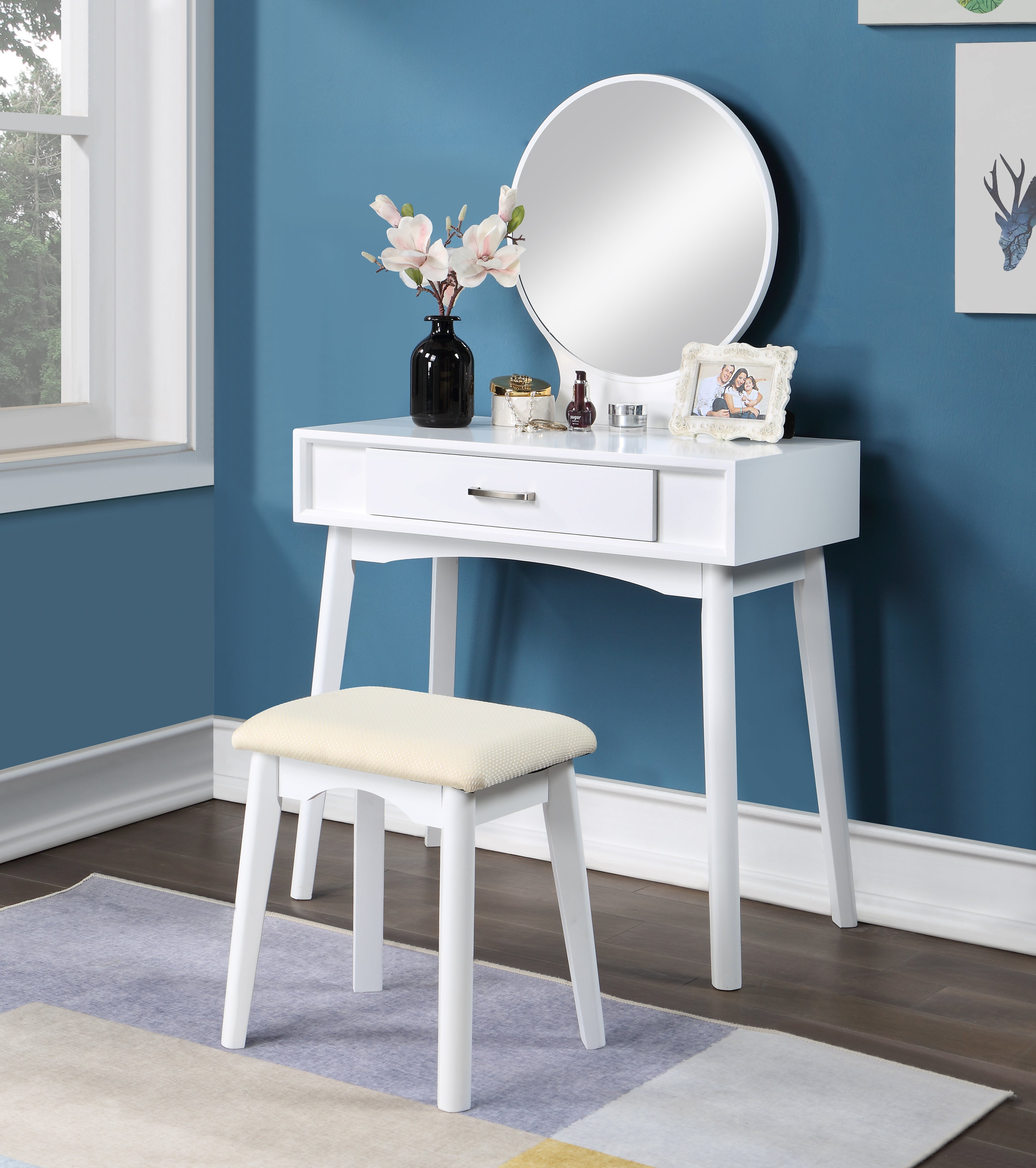 Roundhill Furniture Maly Contemporary Wood Vanity and Stool Set in White - Modern Dressing Table with Stool for Bedroom Makeup & Beauty Station