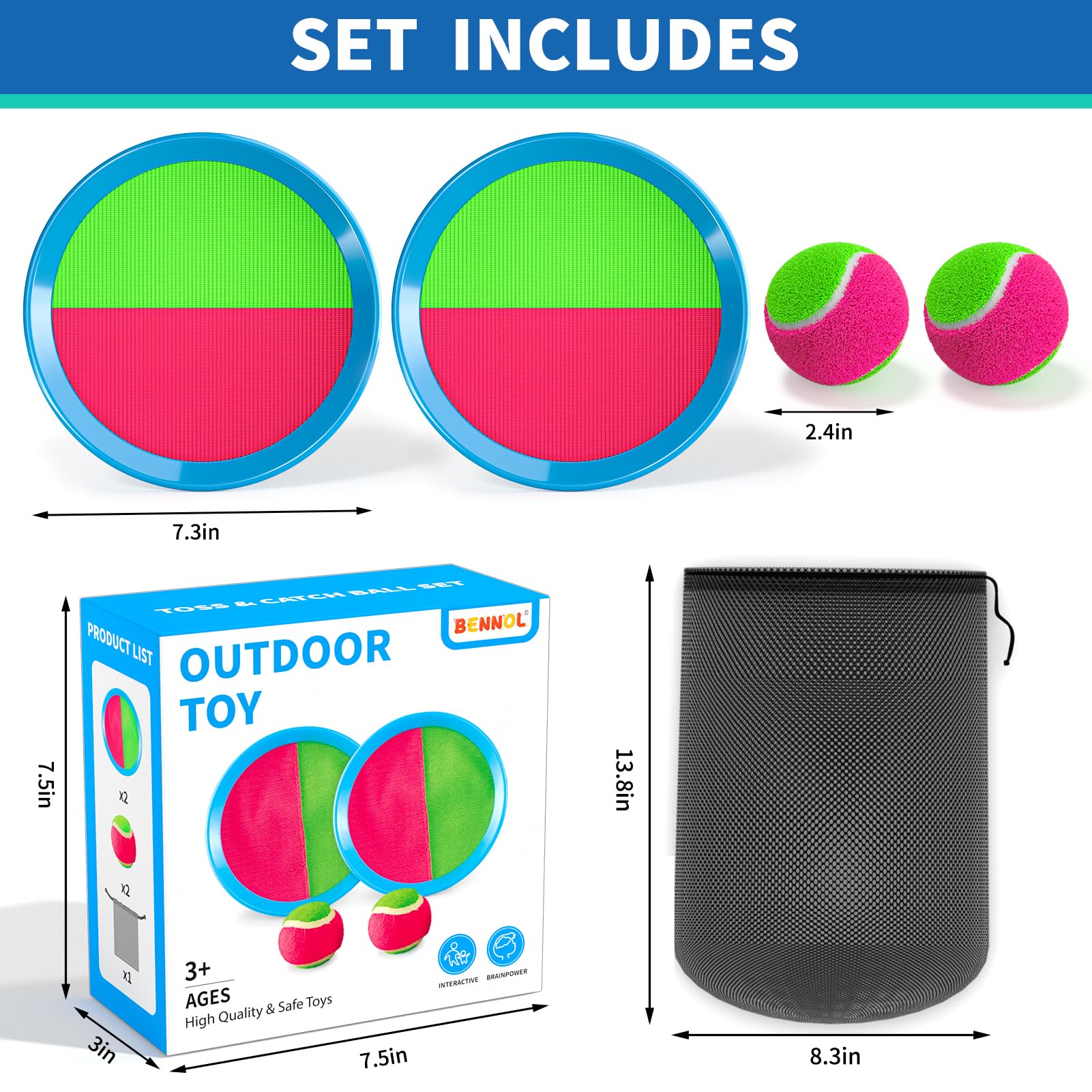 Bennol Toss and Catch Ball Game Set - 2 Paddles, 2 Balls & Storage Bag - Outdoor Toys for Kids Ages 3-10 - Fun Backyard, Beach & Park Activities for Family Playtime