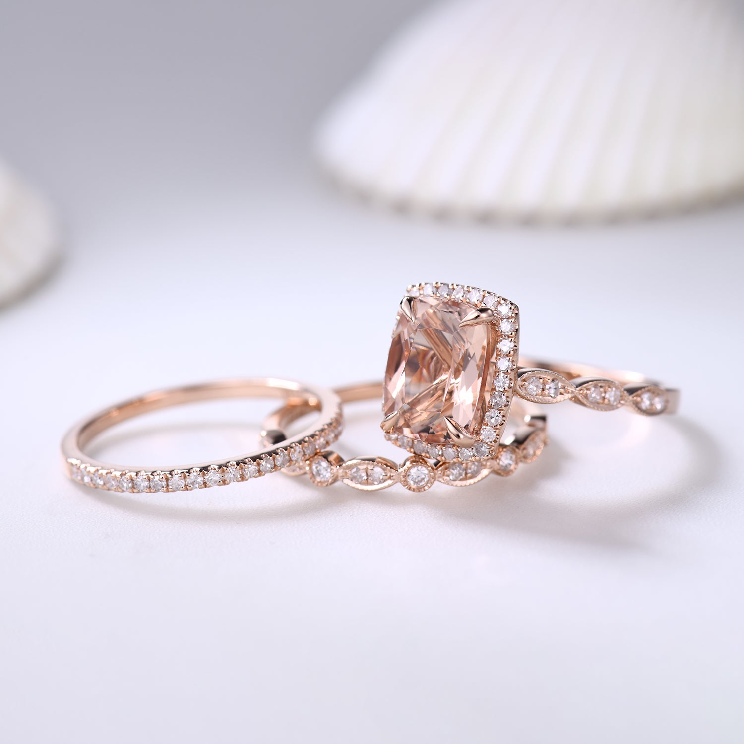 3-Piece 7x9mm Cushion Cut Morganite Bridal Ring Set with Diamond Art Deco Wedding Band – Elegant Engagement & Anniversary Jewelry for Women