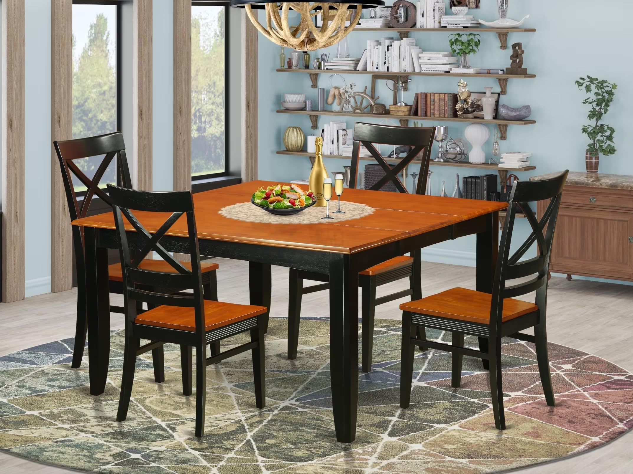 East West Furniture 5-Piece Black & Cherry Dining Set - 54x54 Inch Square Table with Butterfly Leaf & 4 Chairs - Perfect for Small Kitchens, Breakfast Nooks & Compact Dining Spaces