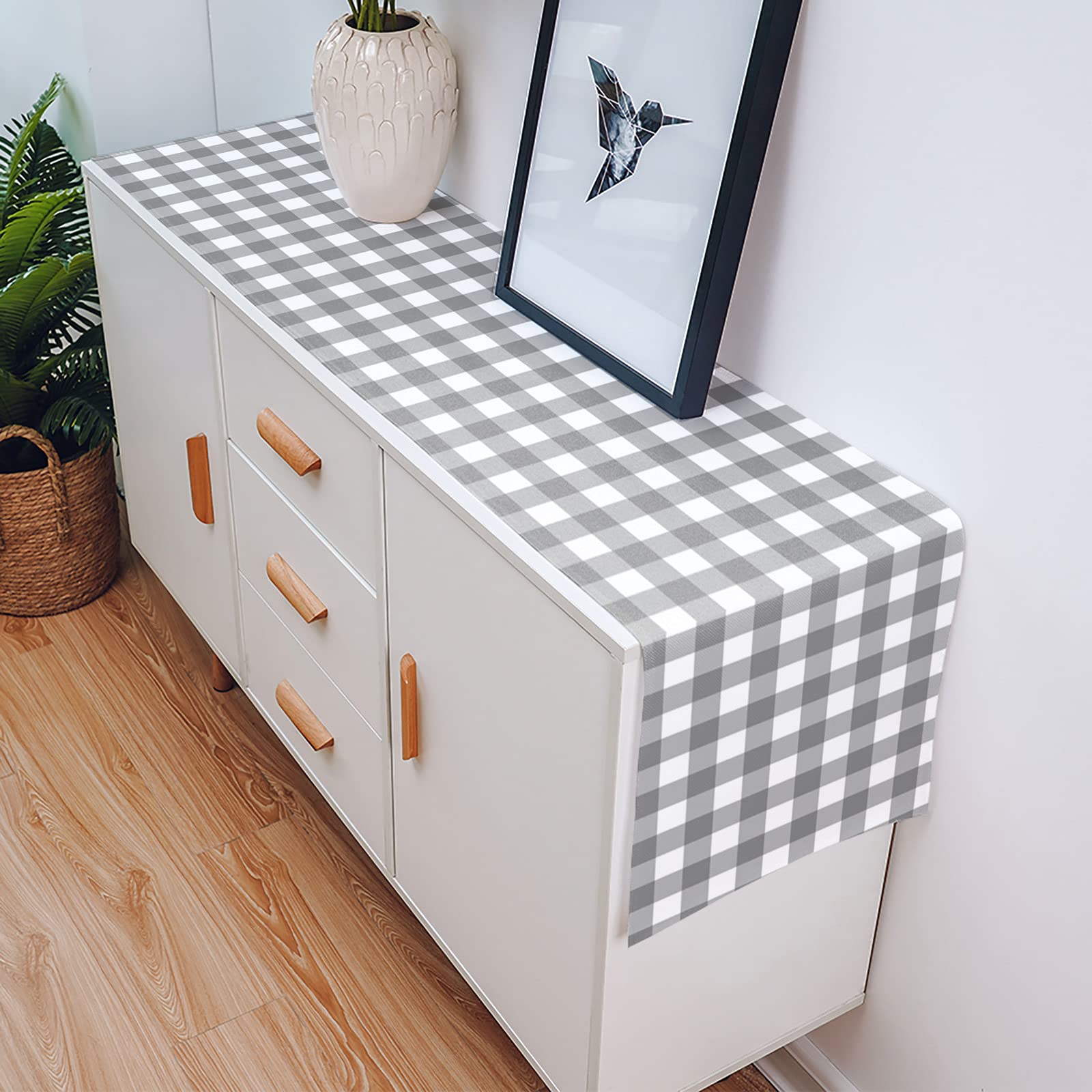 90 Inch Grey White Geometric Buffalo Plaid Burlap Linen Table Runner - Farmhouse Kitchen Dining Decor for Coffee Tables, Weddings & Banquets | Perfect for Rustic Home Decor and Special Events