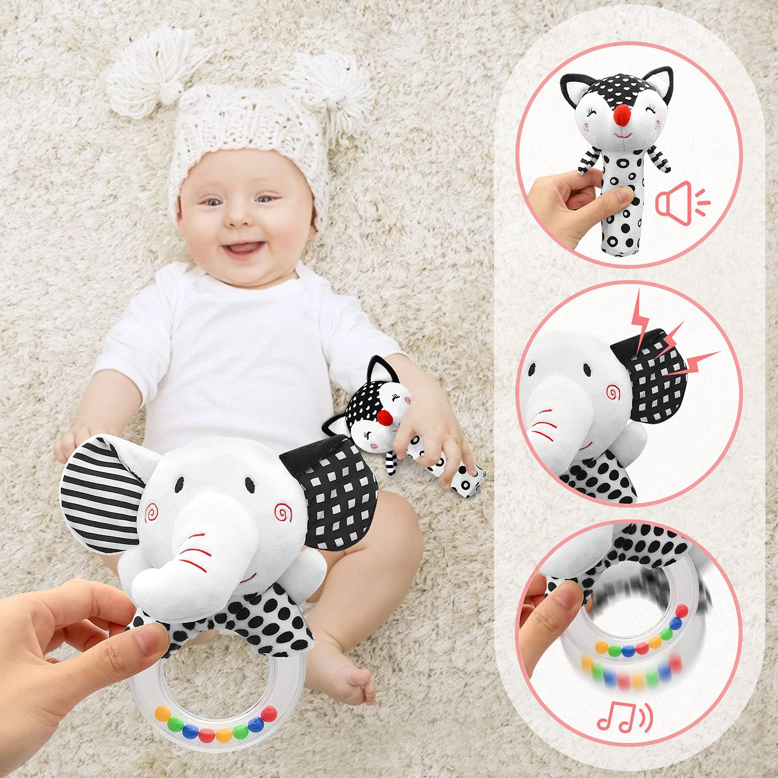 Best Baby Rattles for 0-6 Months - High Contrast Black & White Newborn Toys for 0-3 Months - Soft Plush Infant Rattles for Boys & Girls 0-12 Months - Perfect for Sensory Development & Early Learning Playtime