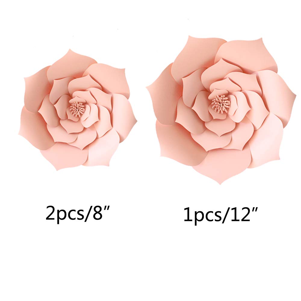 3D Giant Paper Flower Decorations for Wedding Backdrop, Bridal Shower, Baby Shower, Nursery Wall & Home Decor - DIY Handcrafted Party Flowers in Pink (3pcs, 8in & 12in) | Perfect for Wedding Centerpieces, Birthday Party Decor, and Wall Art