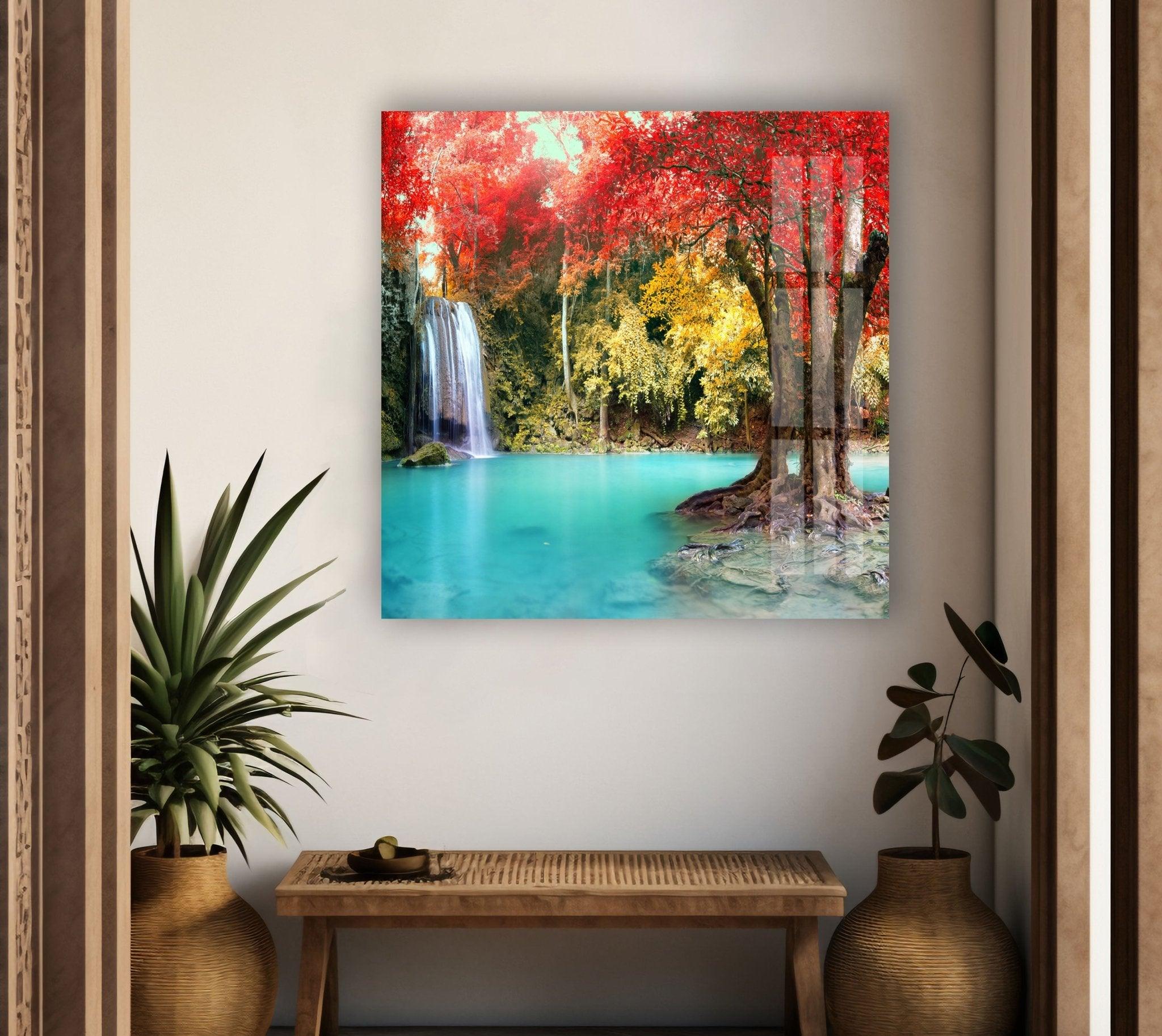 Autumn Forest Waterfall Glass Wall Art - Nature-Inspired Home Decor for Living Room, Bedroom & Office