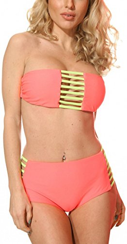 Coral Yellow (Strappy Bandeau Tube W/ High Waisted Bottom)