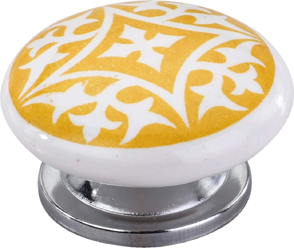 Yellow Ceramic Spiky Flower Cabinet Knob - 1 Pack (1-3/5 Inch) - Vintage Dresser Drawer Pulls & Door Handles for Bedroom Furniture, Kitchen Cabinets, and DIY Home Decor Projects