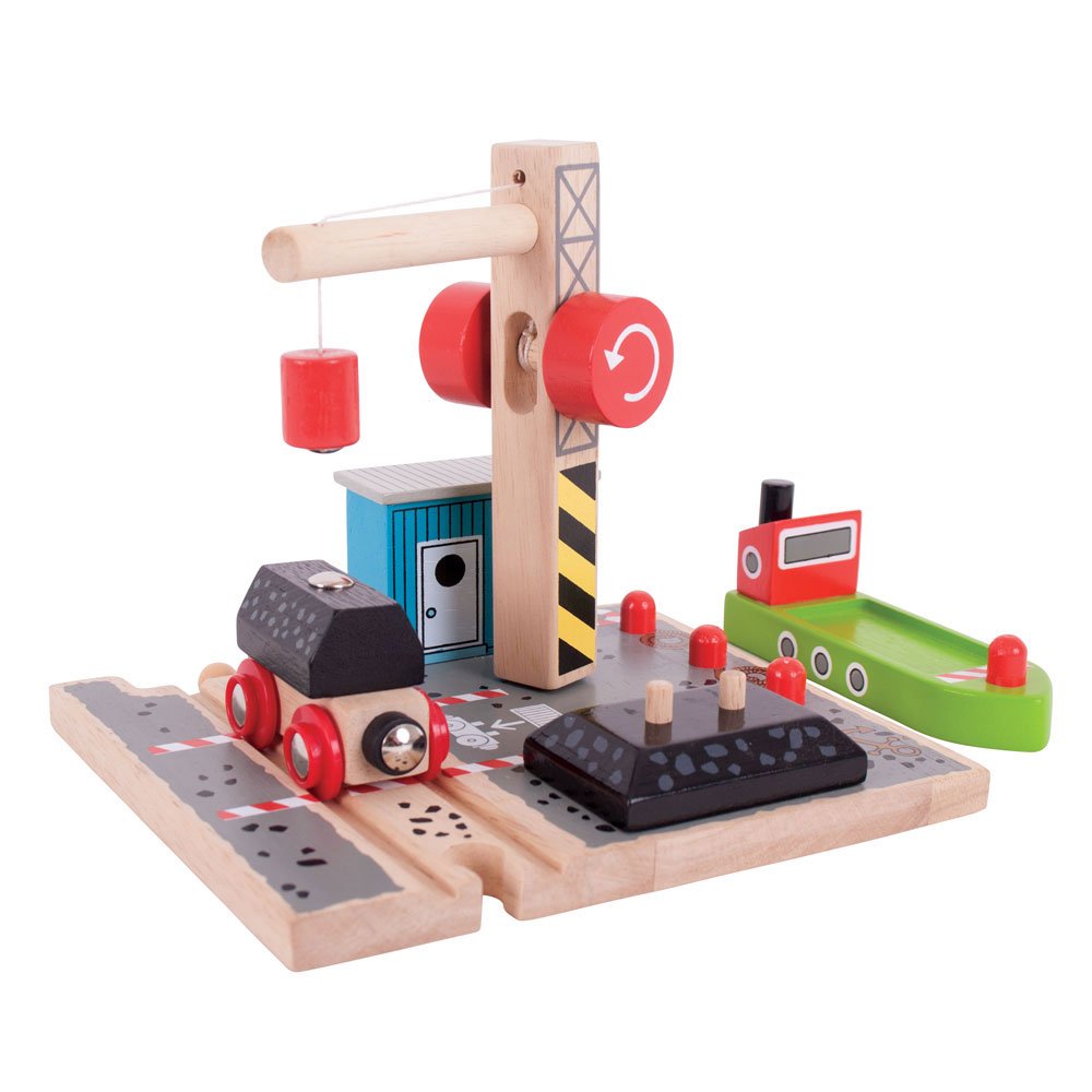 Bigjigs Rail Coal Canal Docks Wooden Train Track Accessories Set with Working Crane - Compatible with Kids Train Sets | Perfect for Imaginative Play & Wooden Railway Layouts