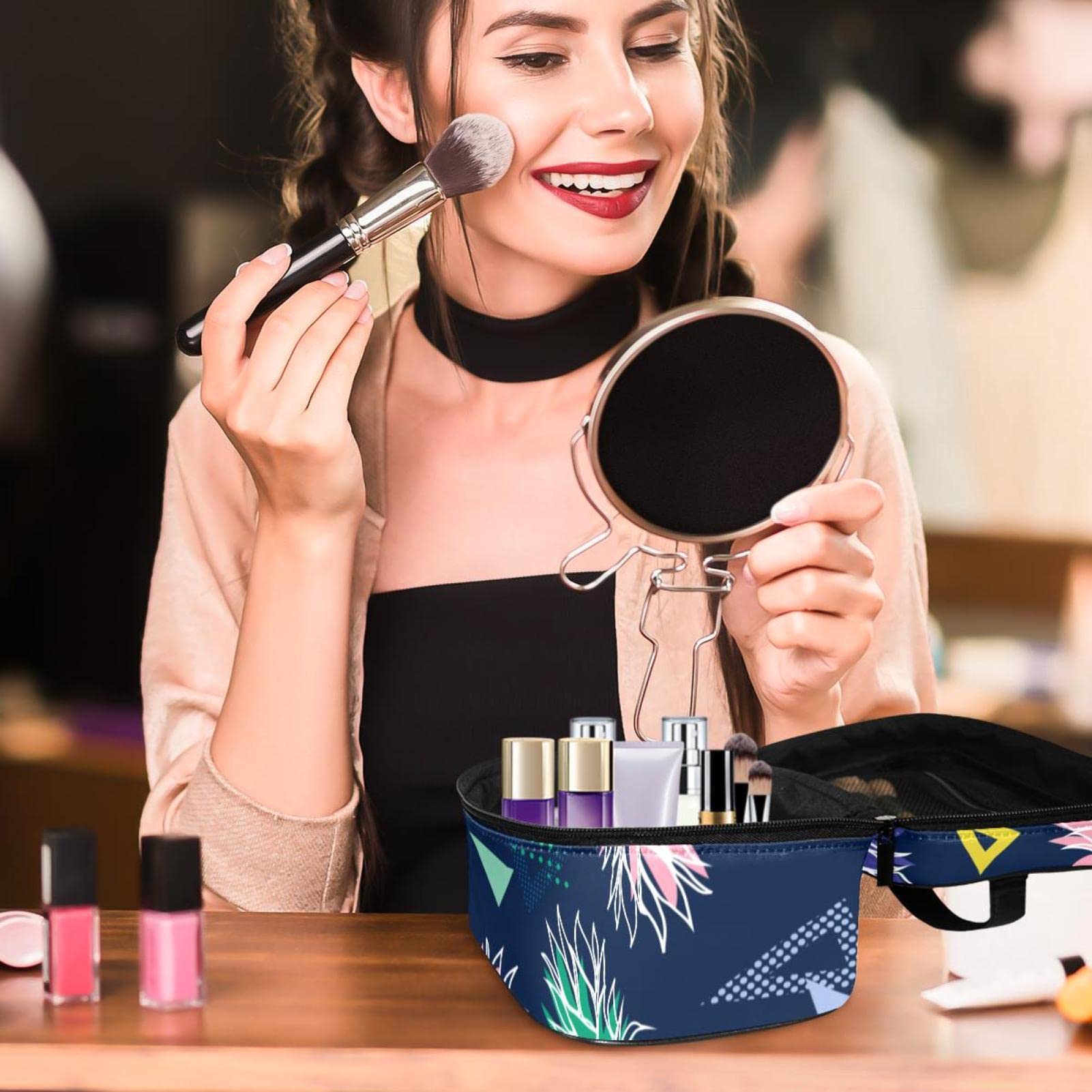 Portable Travel Makeup Organizer Bag for Women - Waterproof Cosmetic Case with Pineapple Navy Blue Design | Perfect for Toiletries, Makeup Storage & On-the-Go Beauty Essentials