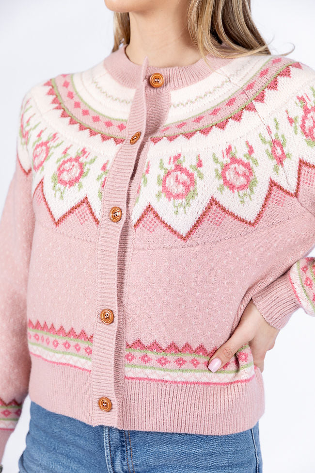Sunny Meadow Pink Floral Fair Isle Cardigan Sweater for Women - Cozy Knit Pullover for Fall & Winter - Perfect for Christmas, Office Wear, and Casual Outfits