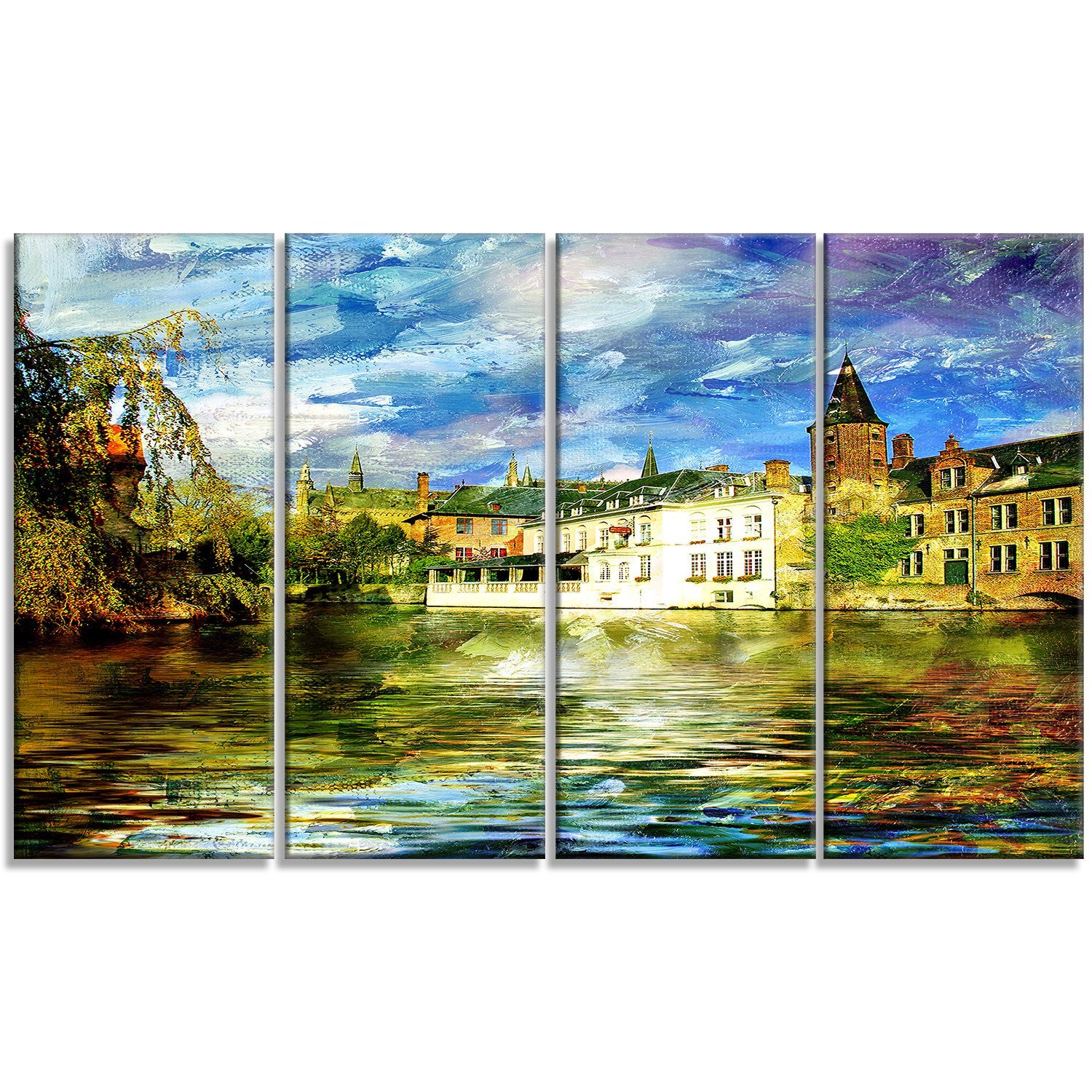 Designart Old Belgium Channel Landscape Photo Metal Wall Art - 48x28 Inches, 4 Equal Panels - Vintage European Scenery for Living Room, Bedroom & Office Decor
