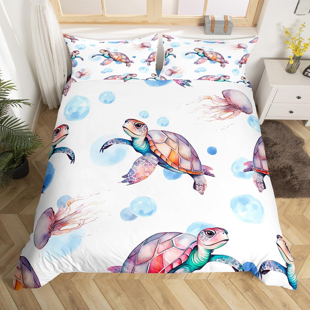 Erosebridal King Size Turtle Bedding Set - White & Pink Hawaiian Duvet Cover, Beach Theme Quilt with Underwater Turtle Design | Perfect for Kids' Bedrooms, Summer Decor & Coastal-Themed Homes