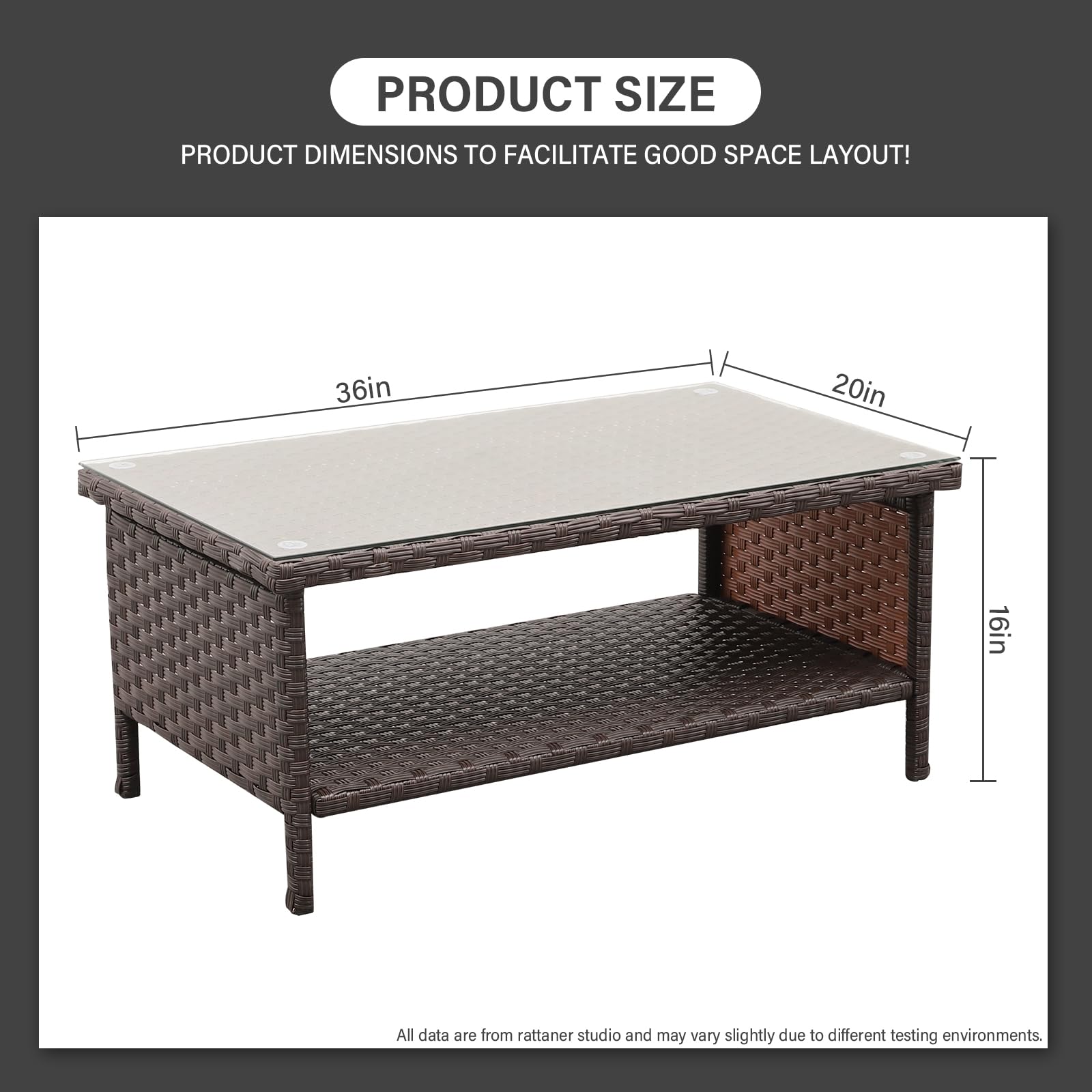 Outdoor Wicker Coffee Table - 2-Tier Rattan Patio Furniture with Glass Top & Storage Space, Includes Weatherproof Cover - Perfect for Garden, Balcony, Poolside & Backyard Relaxation (Brown)