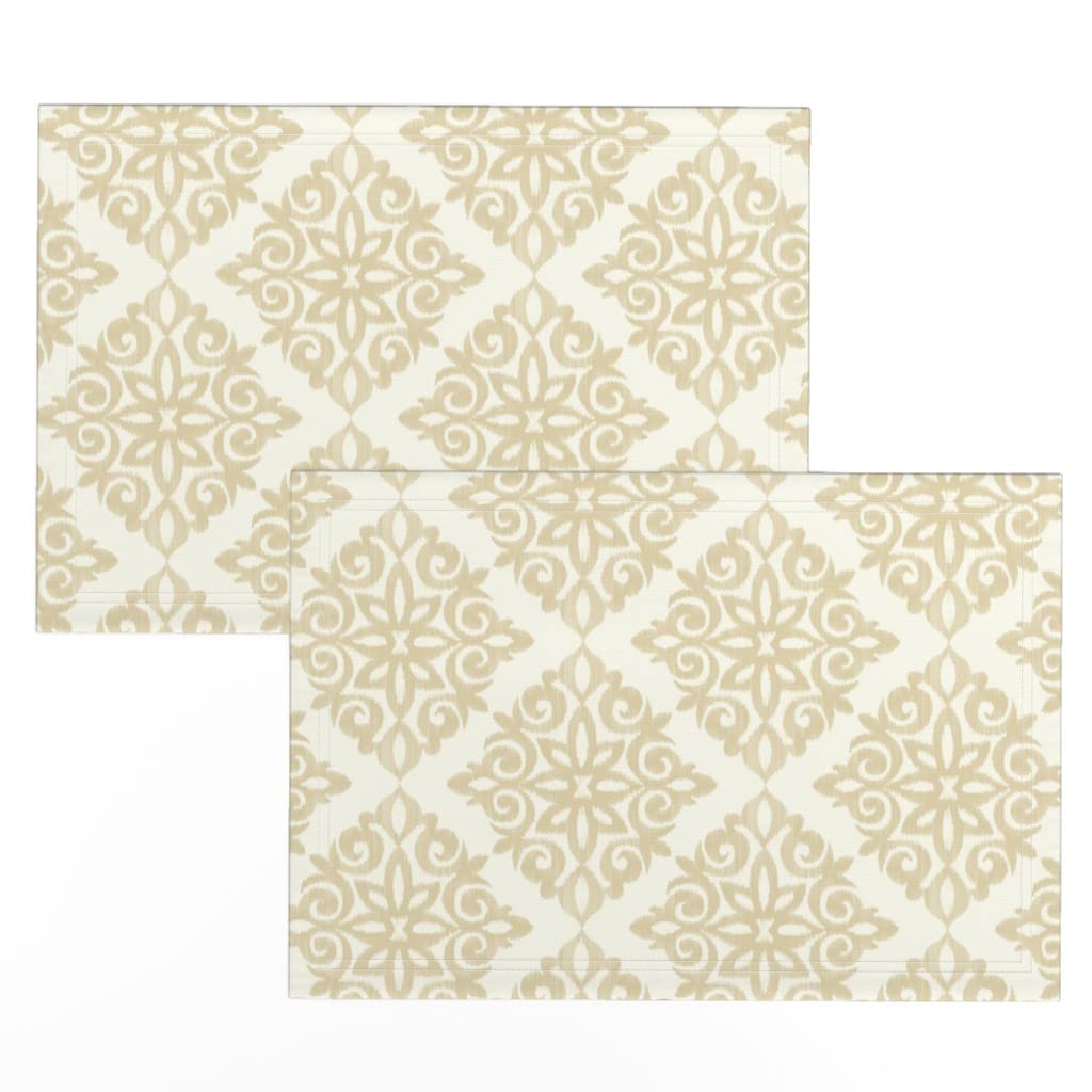 Premium Linen Cotton Canvas Placemats Set of 2 - Modern Damask Gold Cream Ikat Print Table Mats for Dining, Kitchen Decor & Holiday Entertaining