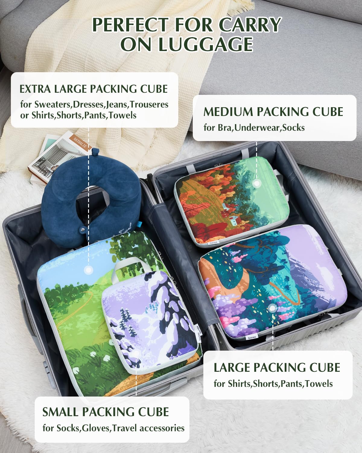 Gonex 4-Piece Compression Packing Cubes Set - Expandable Travel Luggage Organizers for Suitcases & Carry-On Bags | Perfect for Business Trips, Vacations & Seasonal Travel Organization