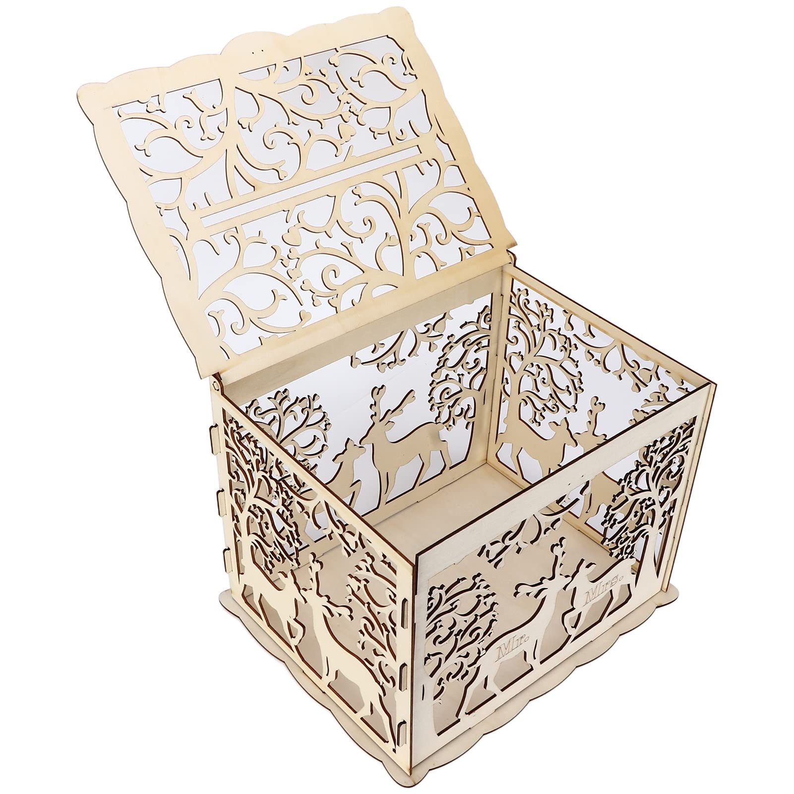 FIYO Rustic Wooden Wedding Card Box with Lock - DIY Greeting Card Holder, Money Gift Box for Reception, Anniversary & Special Events - Perfect for Couples, Deer Design & Sign Included